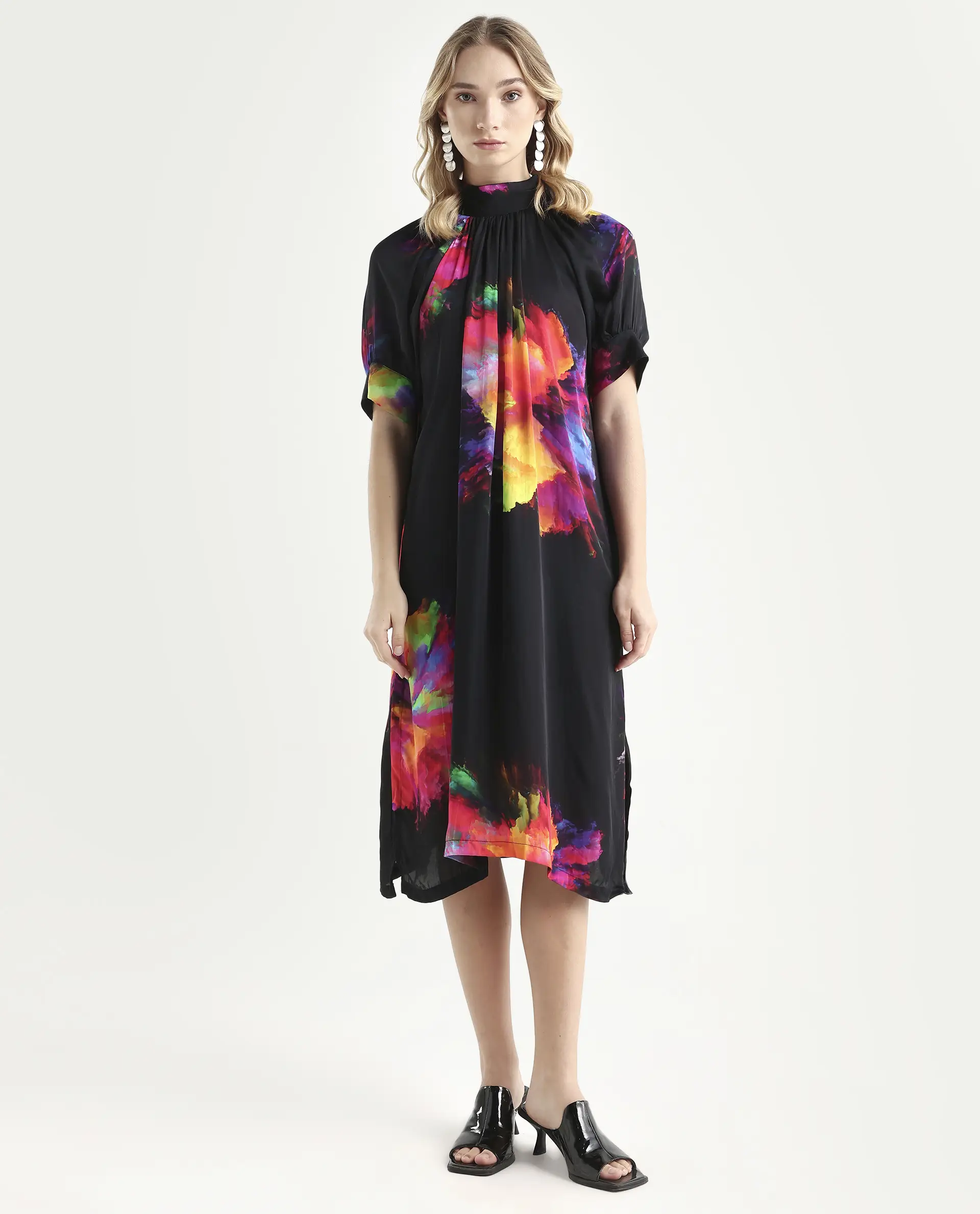 Rareism Women's Jovi Black Modal Blend High Neck Abstract Print Knee Length Regular Fit Dress - Image 4