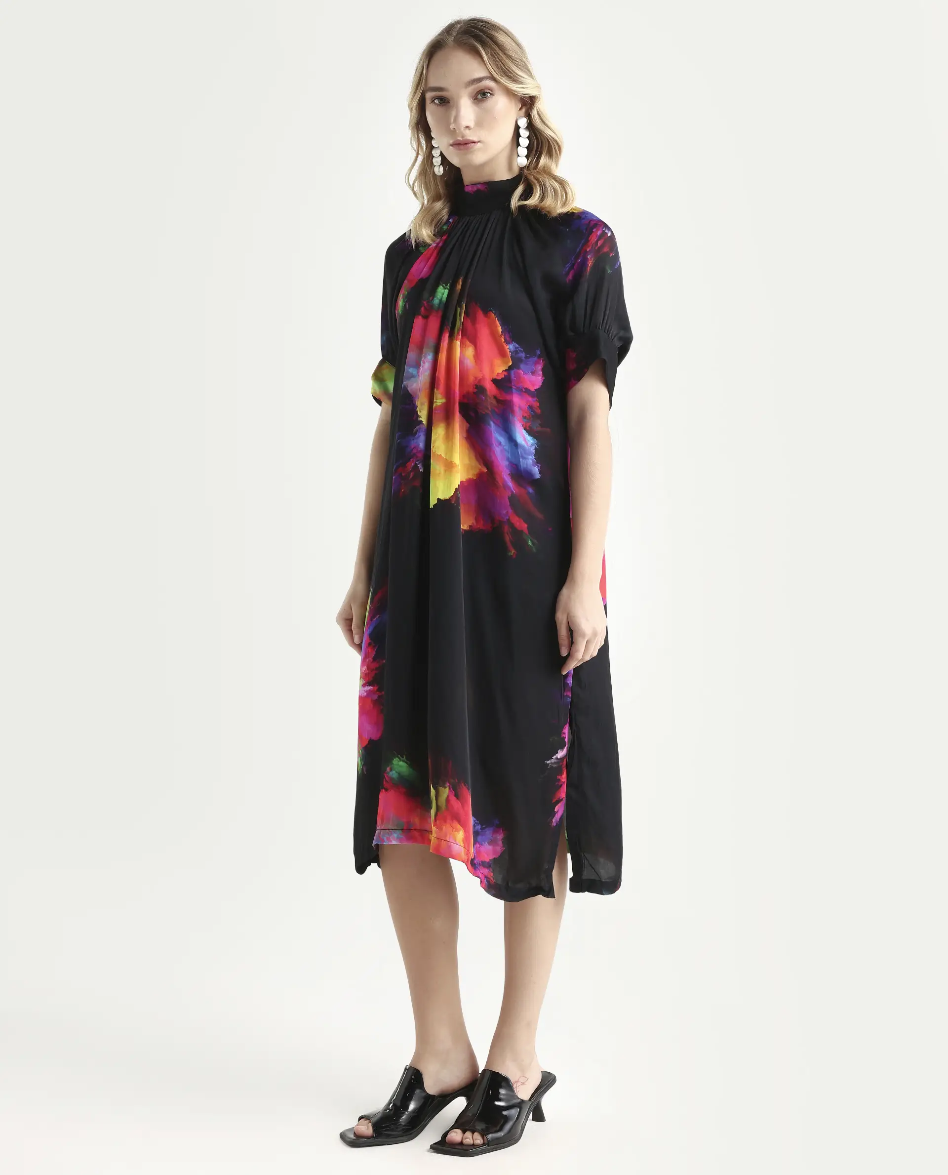 Rareism Women's Jovi Black Modal Blend High Neck Abstract Print Knee Length Regular Fit Dress - Image 5