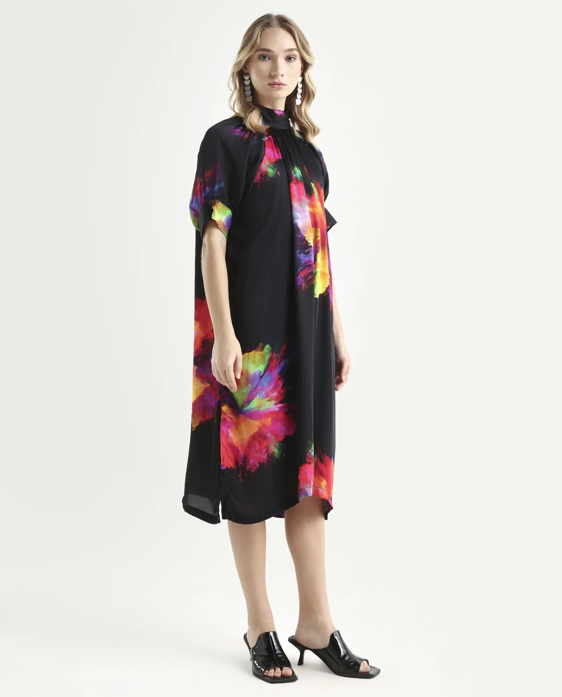 Rareism Women's Jovi Black Modal Blend High Neck Abstract Print Knee Length Regular Fit Dress - Image 6