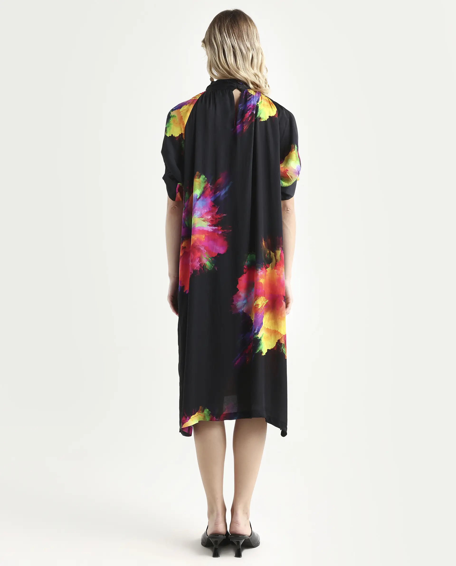 Rareism Women's Jovi Black Modal Blend High Neck Abstract Print Knee Length Regular Fit Dress - Image 7