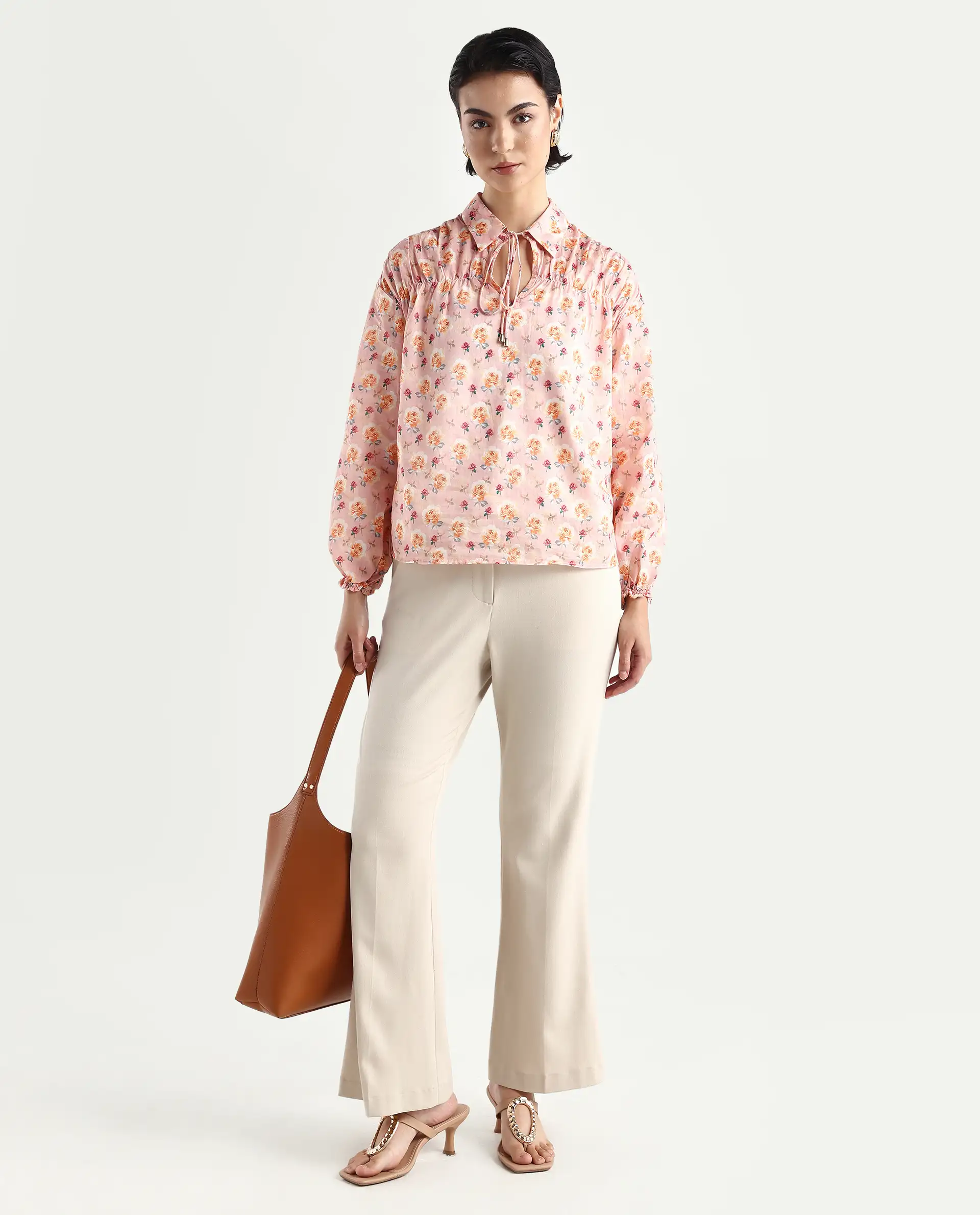Rareism Women's Joyce Pink Cotton Spread Collar Floral Print Regular Fit Top - Image 2
