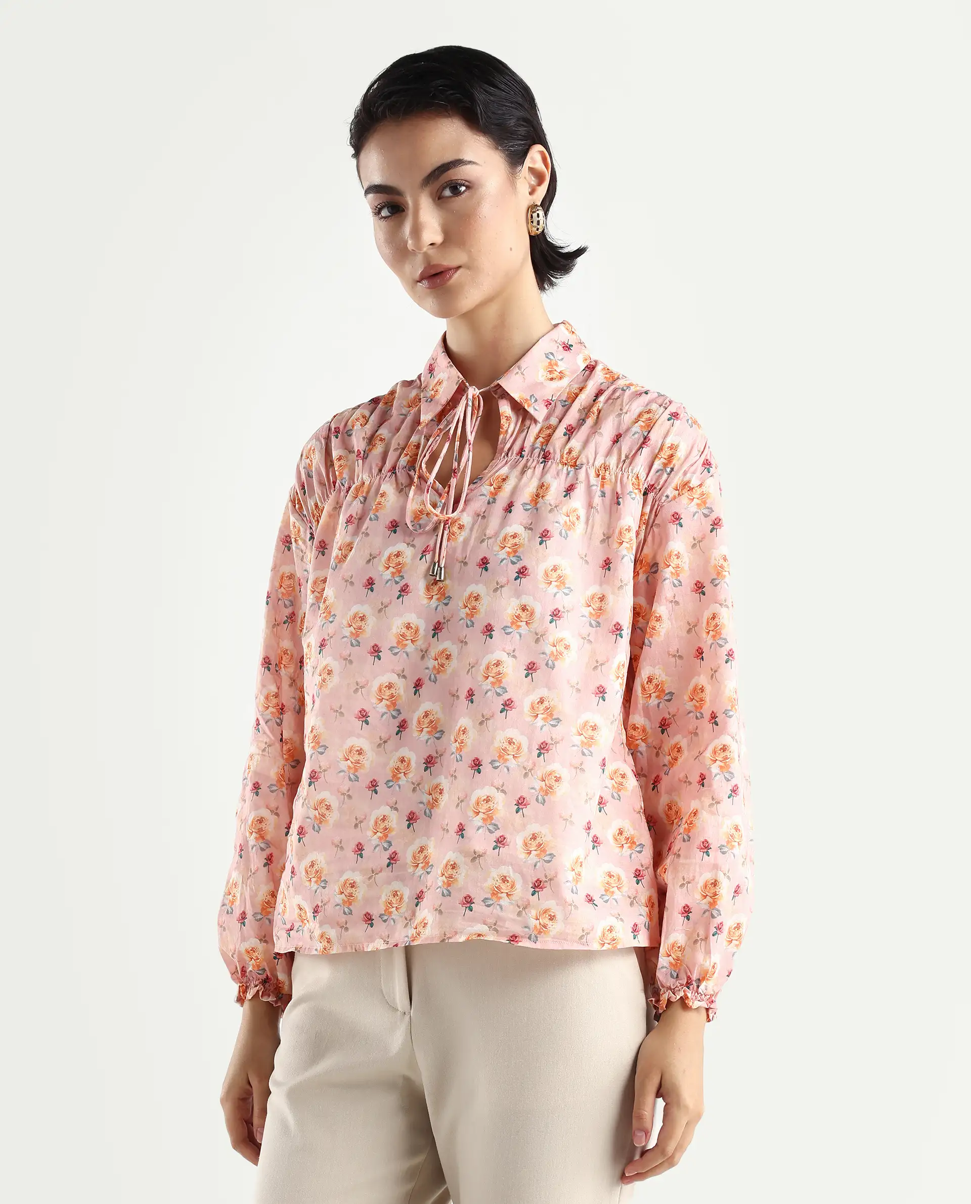 Rareism Women's Joyce Pink Cotton Spread Collar Floral Print Regular Fit Top - Image 5
