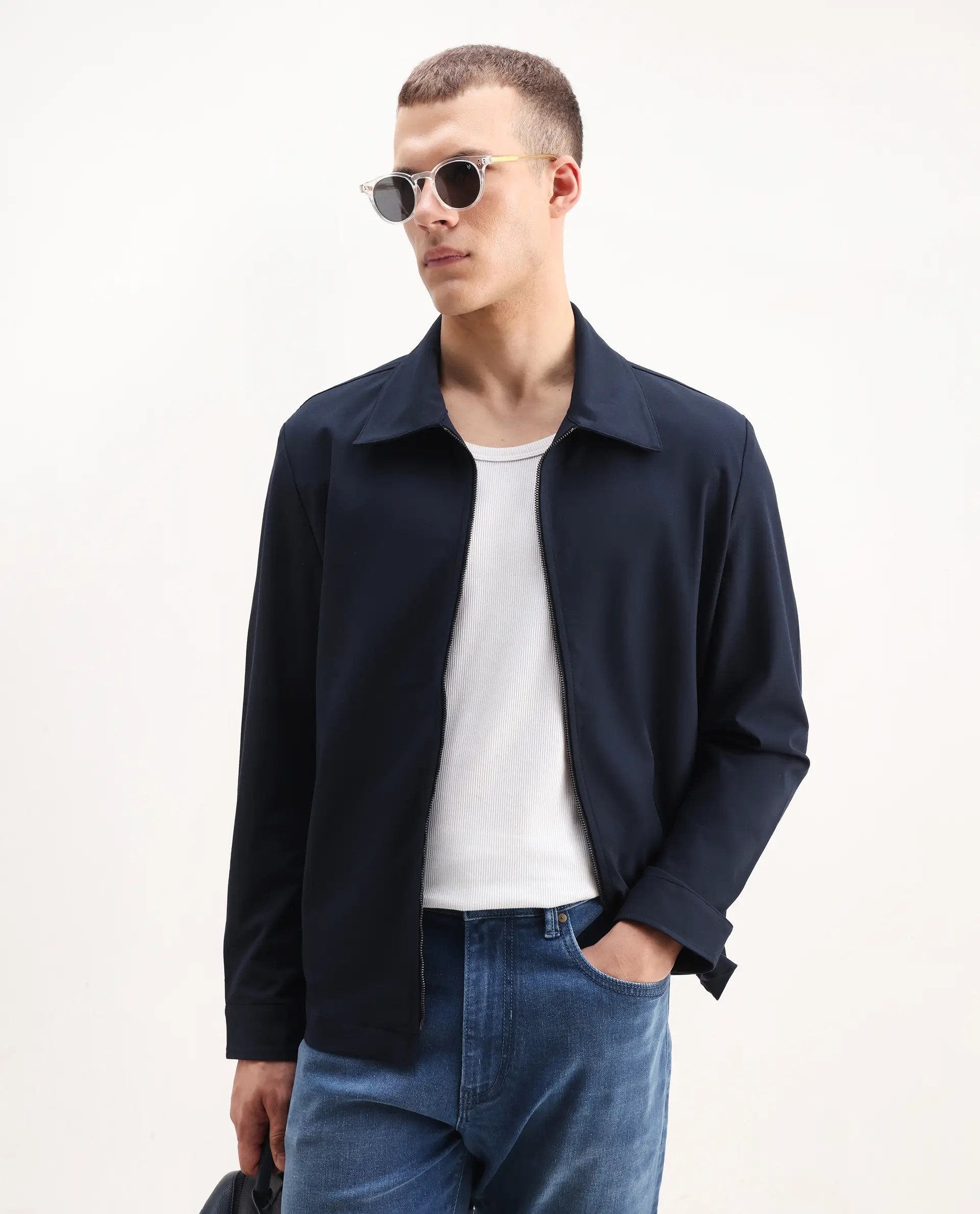 Rare Rabbit Men's Juan-25 Dark Navy Polyester Blend Plain Regular Fit Full Sleeve Collared Jacket
