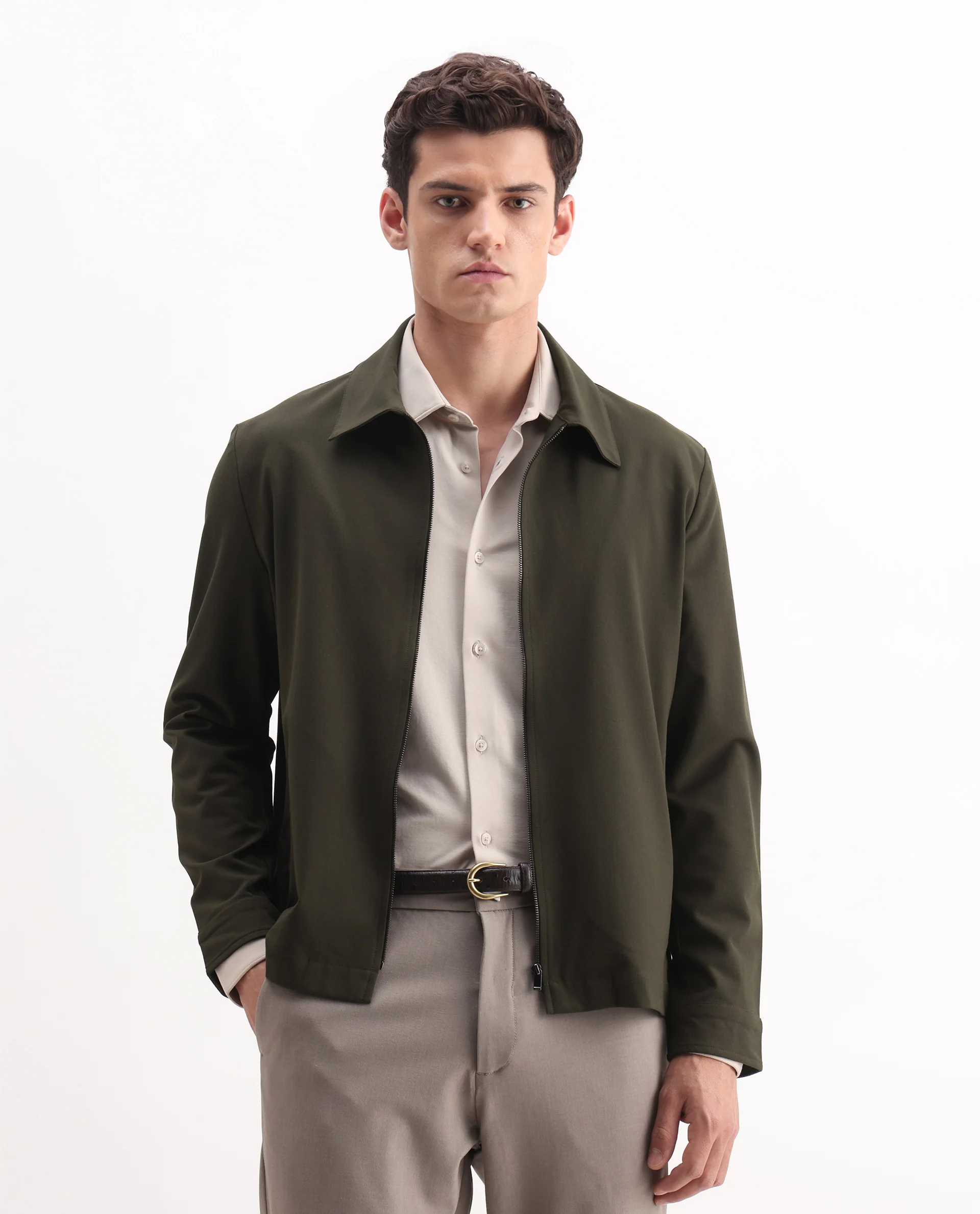 Rare Rabbit Men's Juan-25 Olive Polyester Blend Plain Regular Fit Full Sleeve Collared Jacket - Image 3