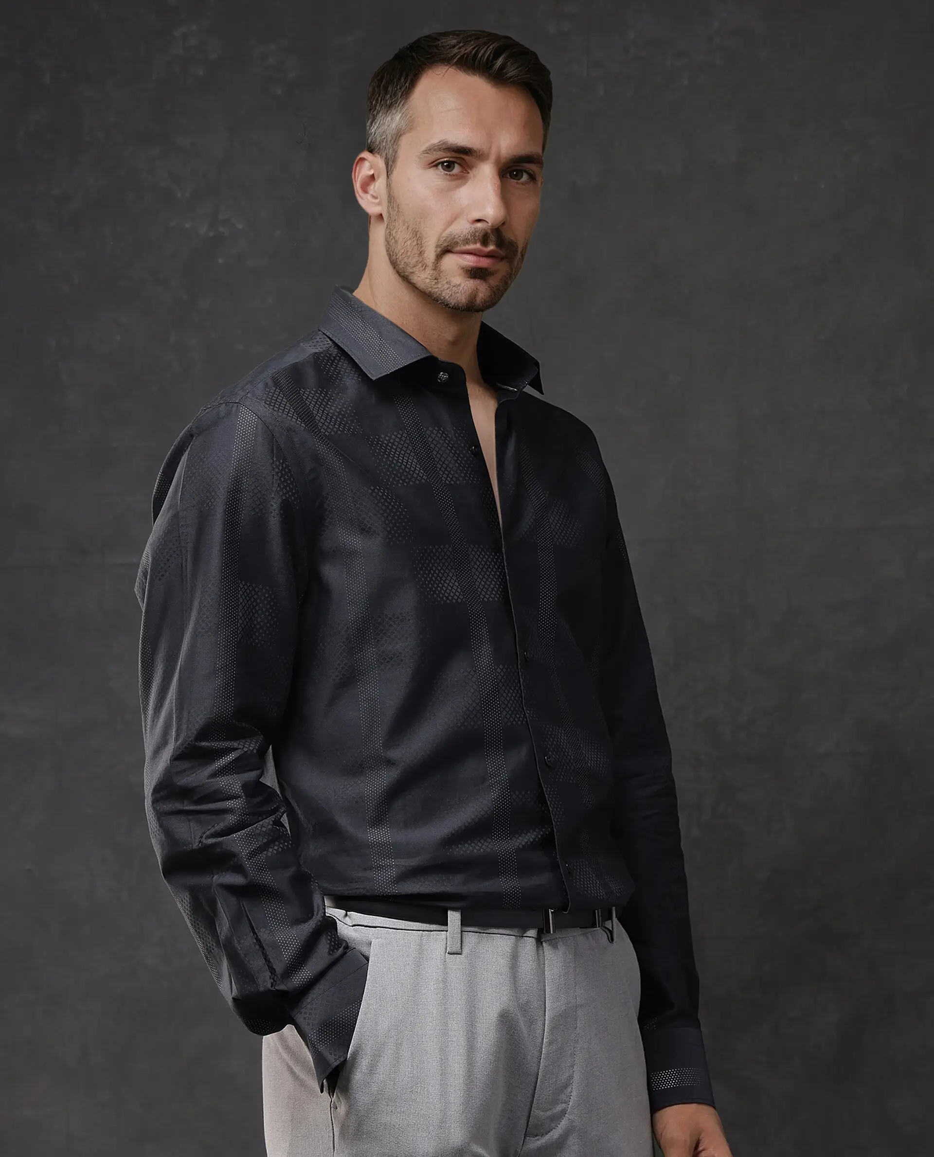 Rare Rabbit Men's Juan Black Lurex Blend Striped Print Regular Fit Full Sleeve Collared Shirt - Image 4