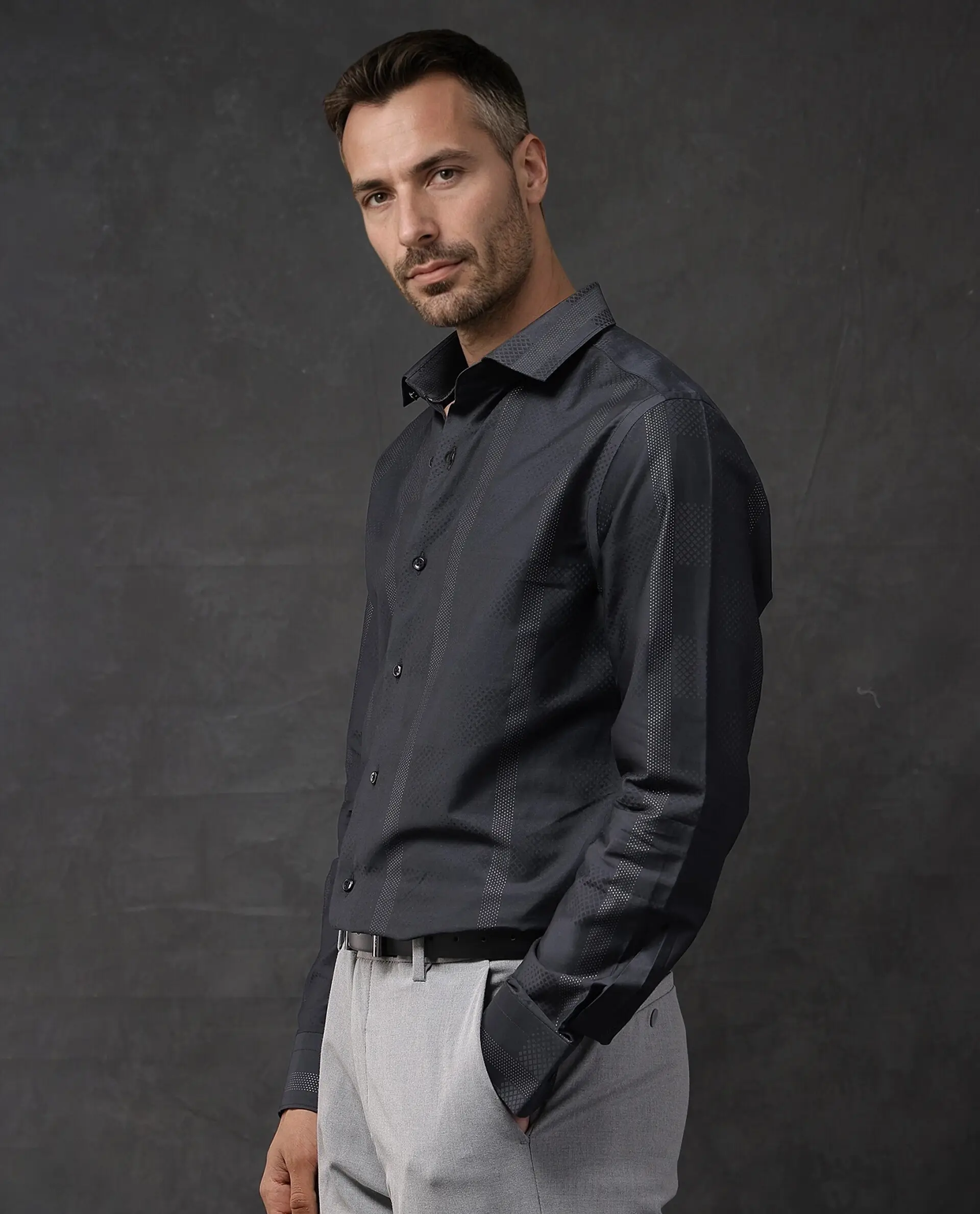 Rare Rabbit Men's Juan Black Lurex Blend Striped Print Regular Fit Full Sleeve Collared Shirt - Image 6