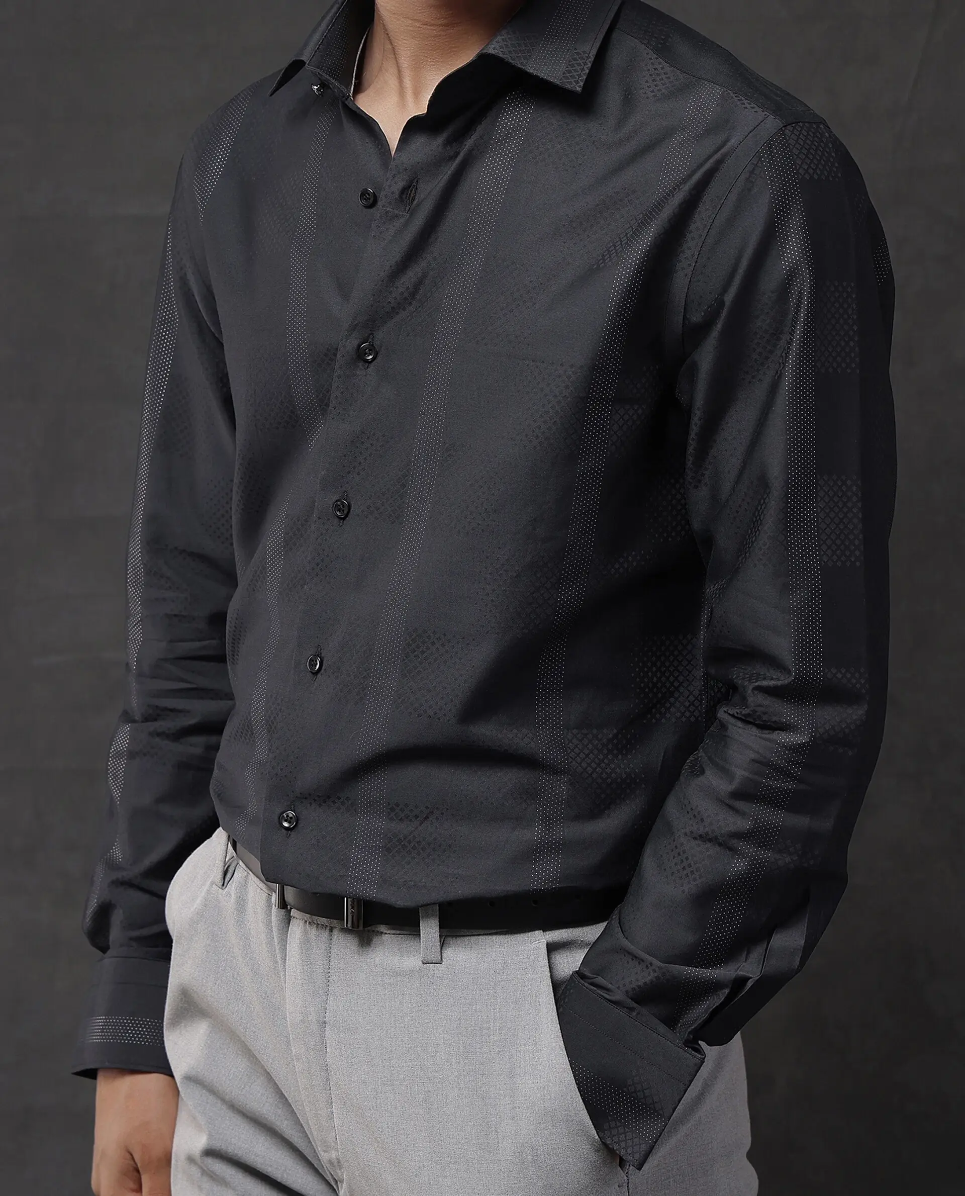 Rare Rabbit Men's Juan Black Lurex Blend Striped Print Regular Fit Full Sleeve Collared Shirt - Image 7