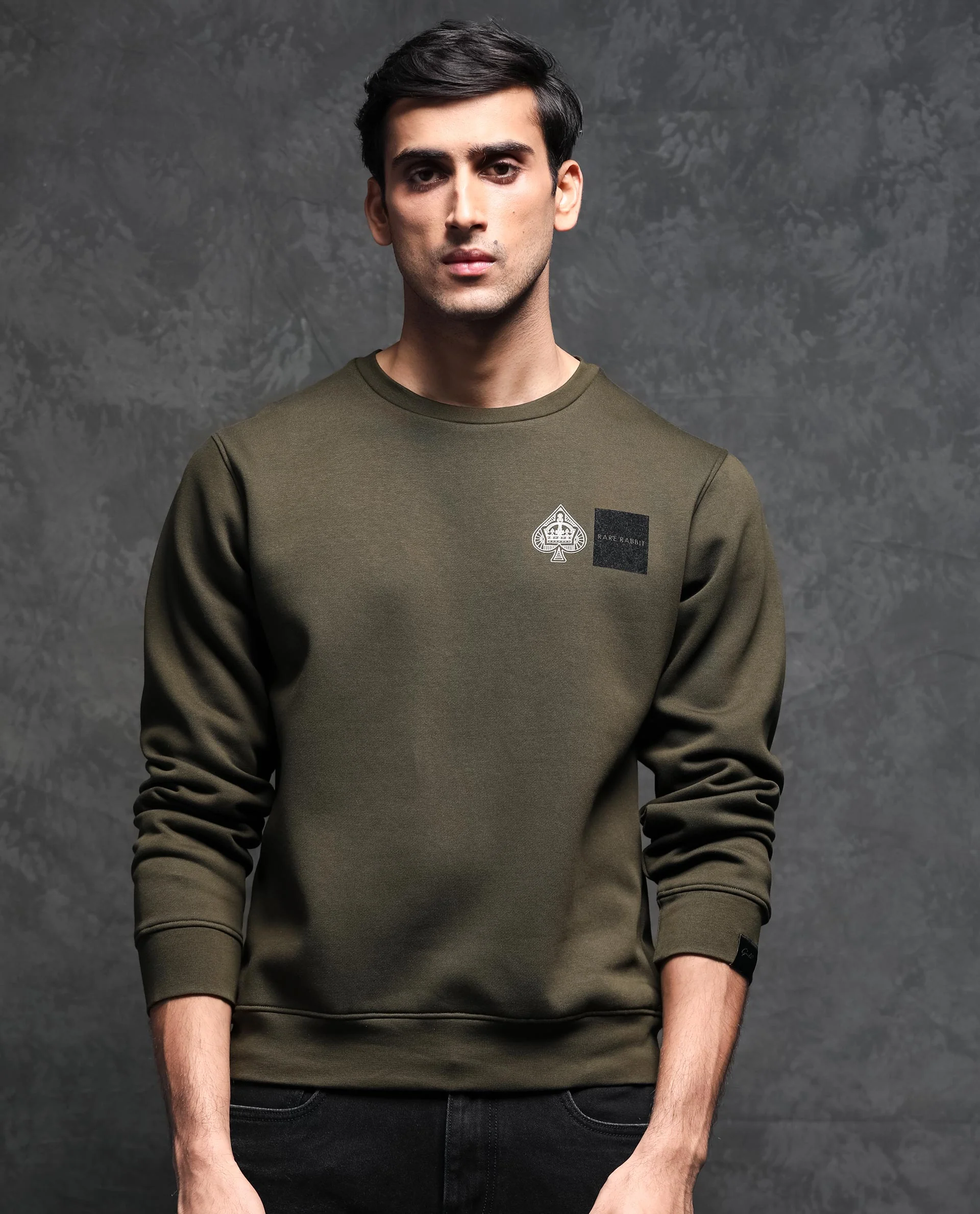 Rare Rabbit Men's Juanet Olive Cotton Graphic Print Regular Fit Full Sleeve Crew Neck Sweatshirt