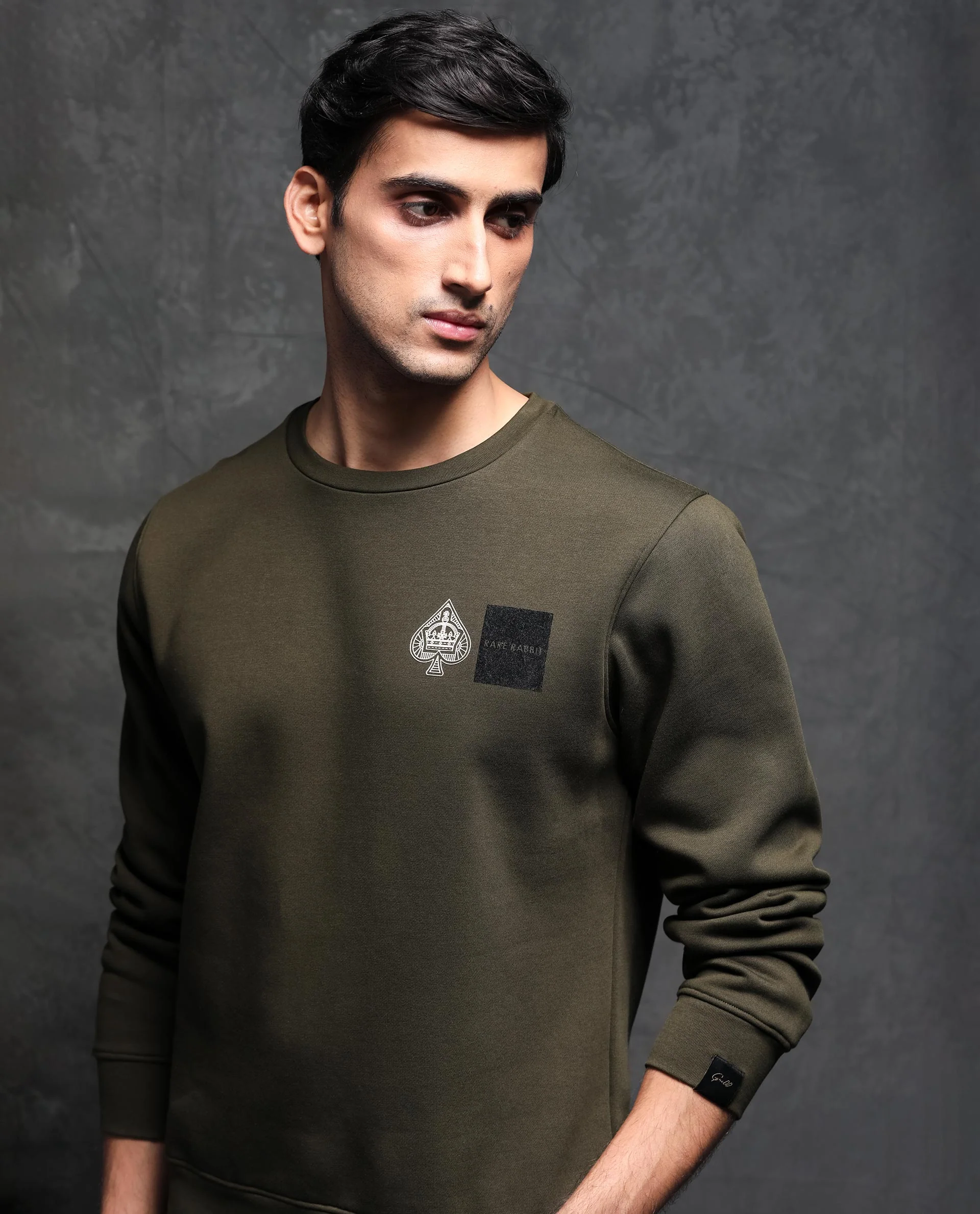 Rare Rabbit Men's Juanet Olive Cotton Graphic Print Regular Fit Full Sleeve Crew Neck Sweatshirt - Image 2