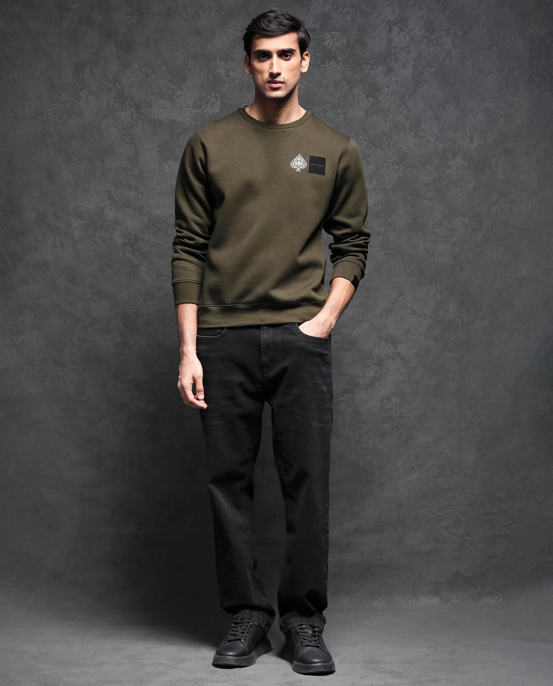 Rare Rabbit Men's Juanet Olive Cotton Graphic Print Regular Fit Full Sleeve Crew Neck Sweatshirt - Image 3