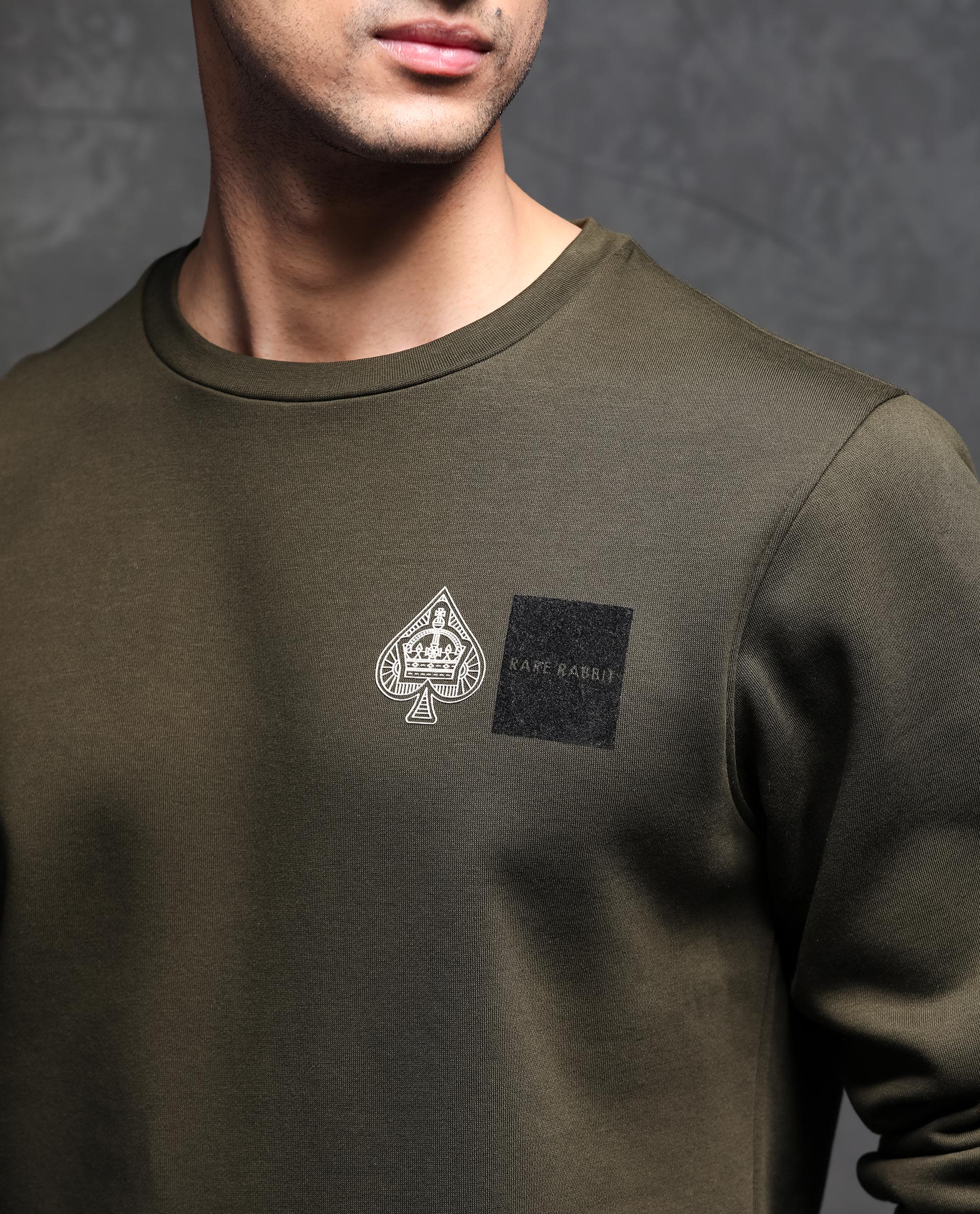 Rare Rabbit Men's Juanet Olive Cotton Graphic Print Regular Fit Full Sleeve Crew Neck Sweatshirt - Image 4