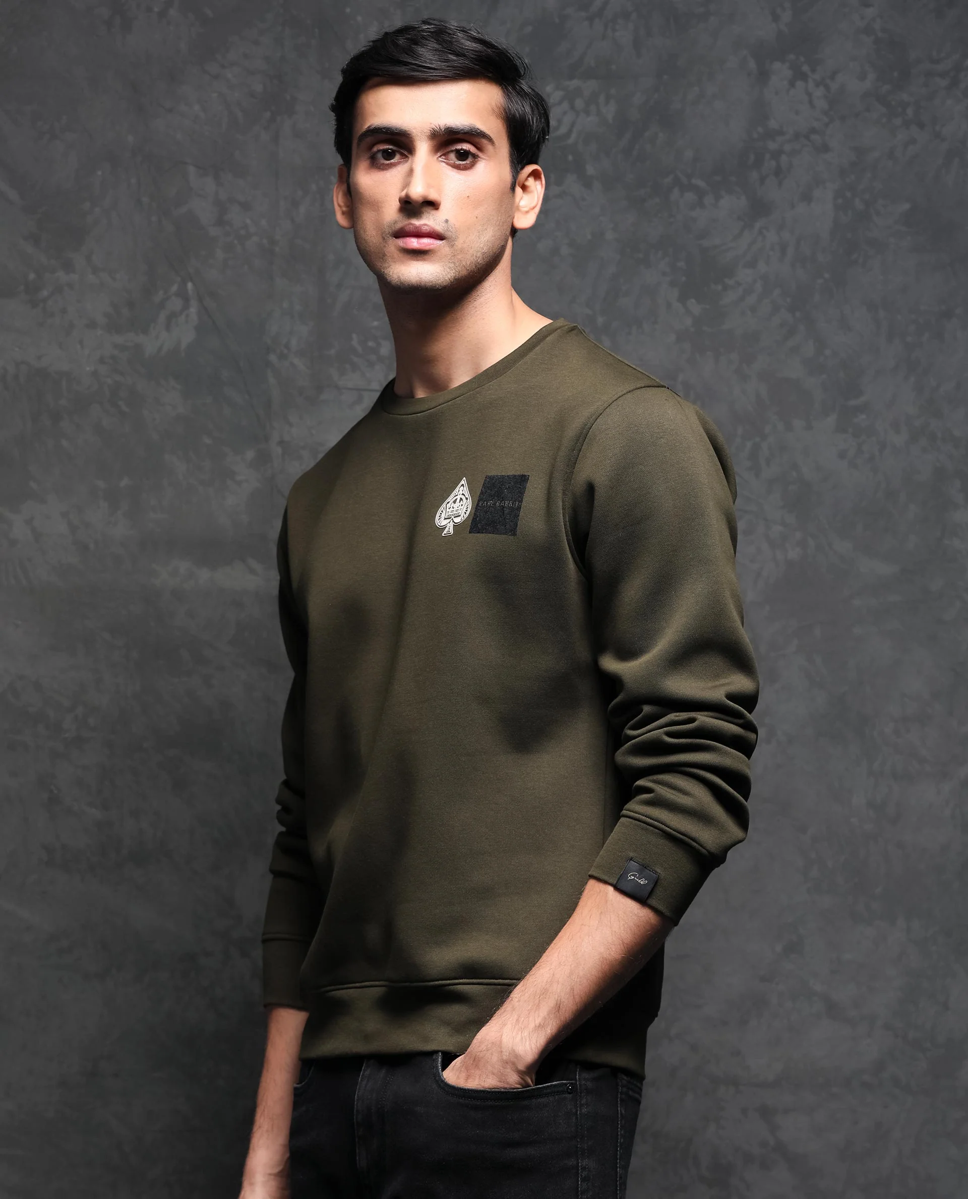Rare Rabbit Men's Juanet Olive Cotton Graphic Print Regular Fit Full Sleeve Crew Neck Sweatshirt - Image 5