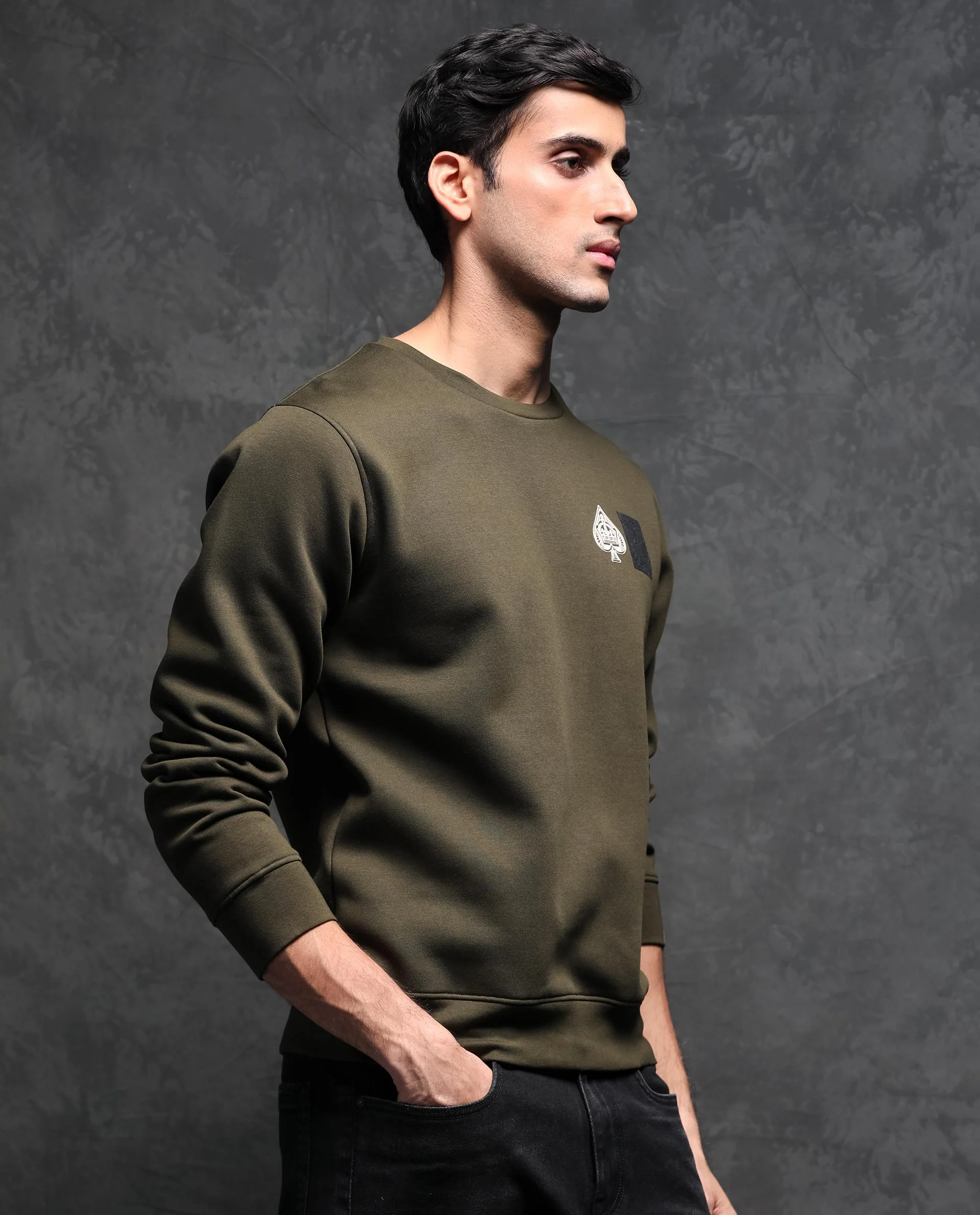 Rare Rabbit Men's Juanet Olive Cotton Graphic Print Regular Fit Full Sleeve Crew Neck Sweatshirt - Image 6