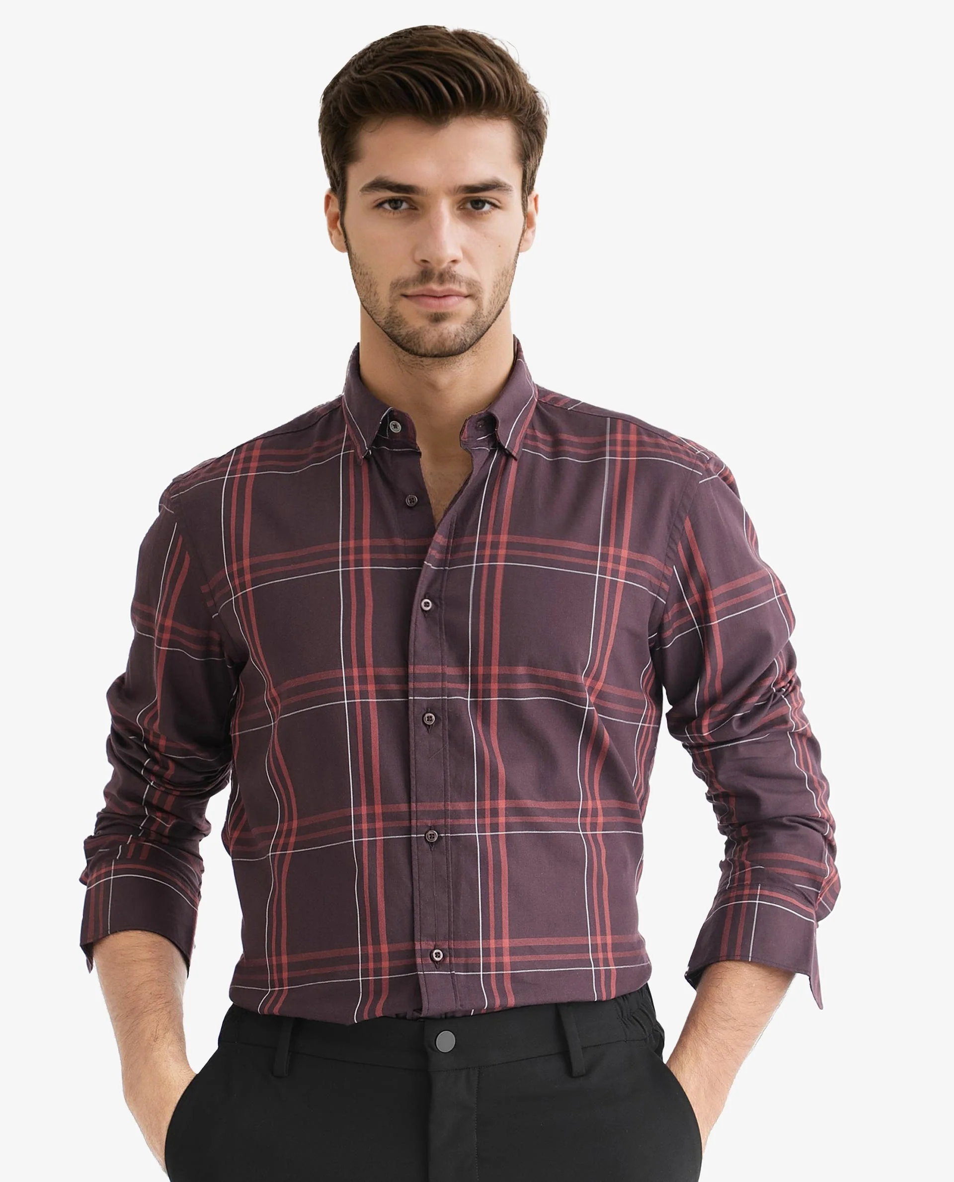 Rare Rabbit Men's Juba Dark Maroon Cotton Checked Print Regular Fit Full Sleeve Collared Shirt