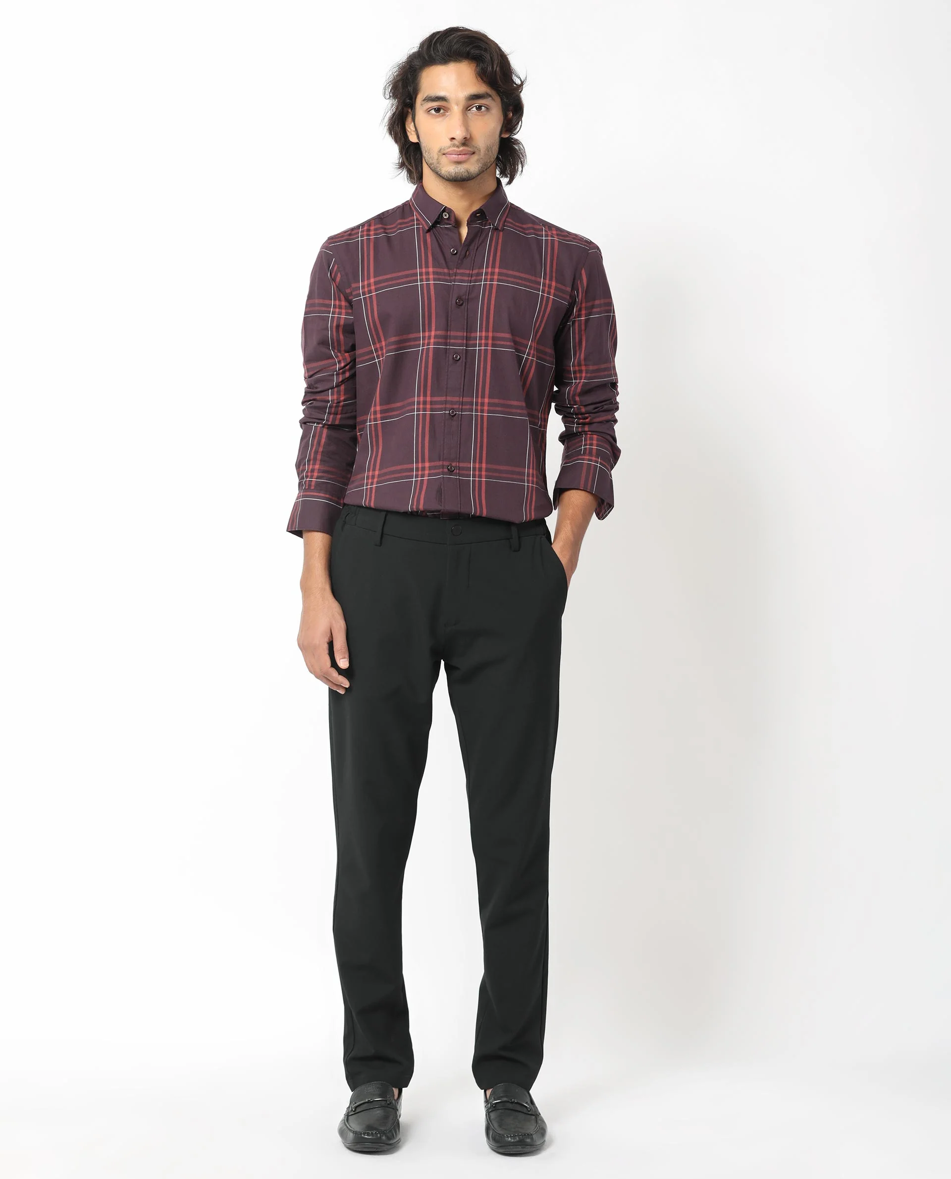 Rare Rabbit Men's Juba Dark Maroon Cotton Checked Print Regular Fit Full Sleeve Collared Shirt - Image 2