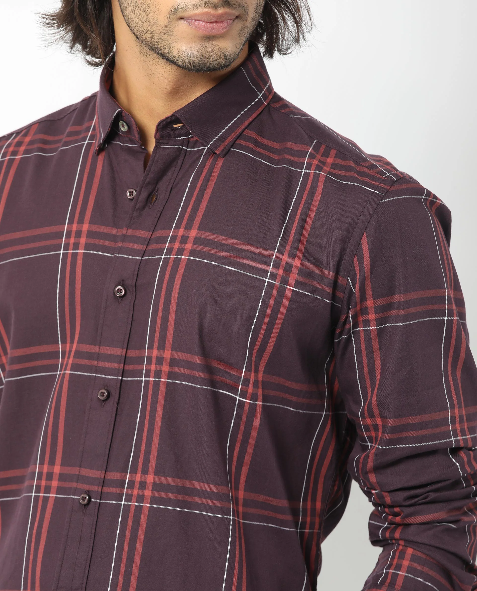 Rare Rabbit Men's Juba Dark Maroon Cotton Checked Print Regular Fit Full Sleeve Collared Shirt - Image 3