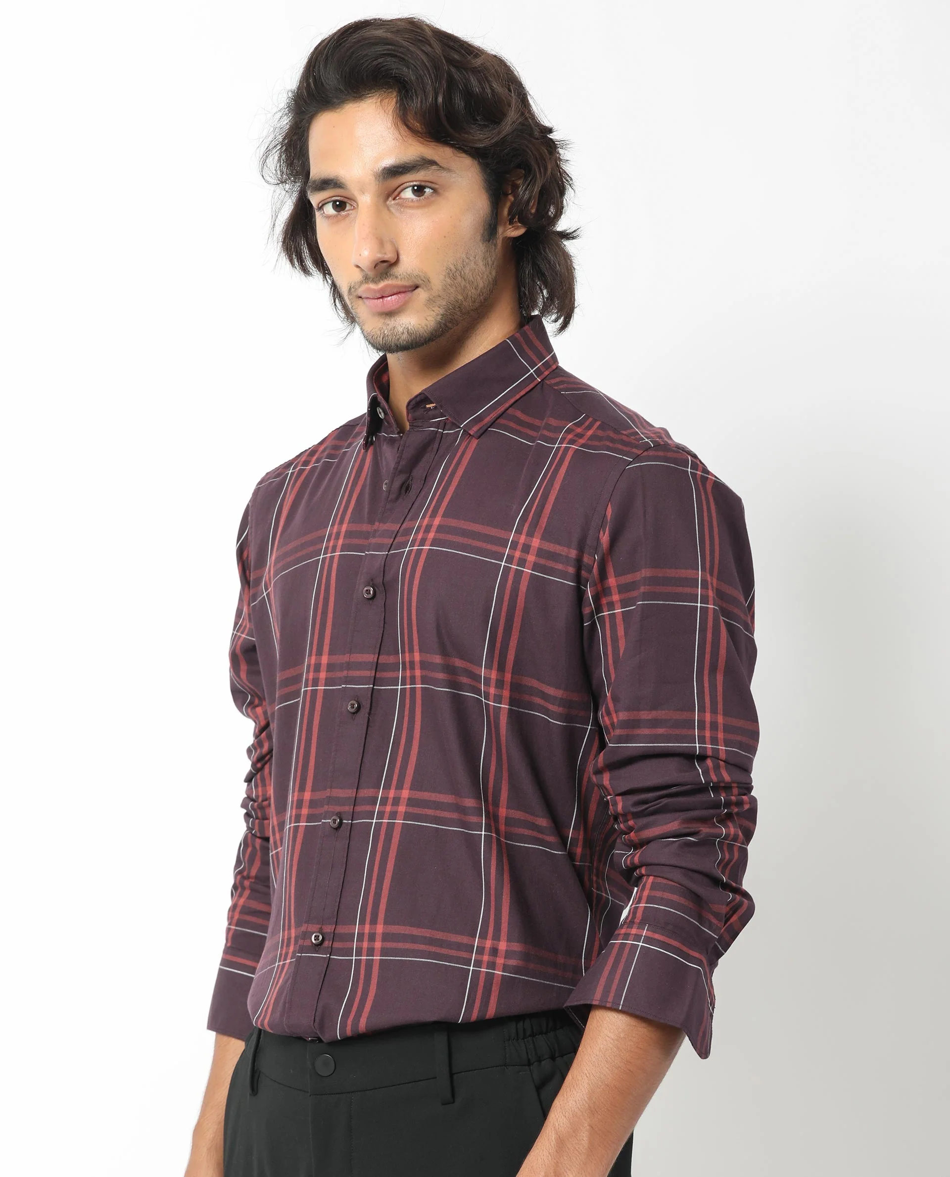 Rare Rabbit Men's Juba Dark Maroon Cotton Checked Print Regular Fit Full Sleeve Collared Shirt - Image 4