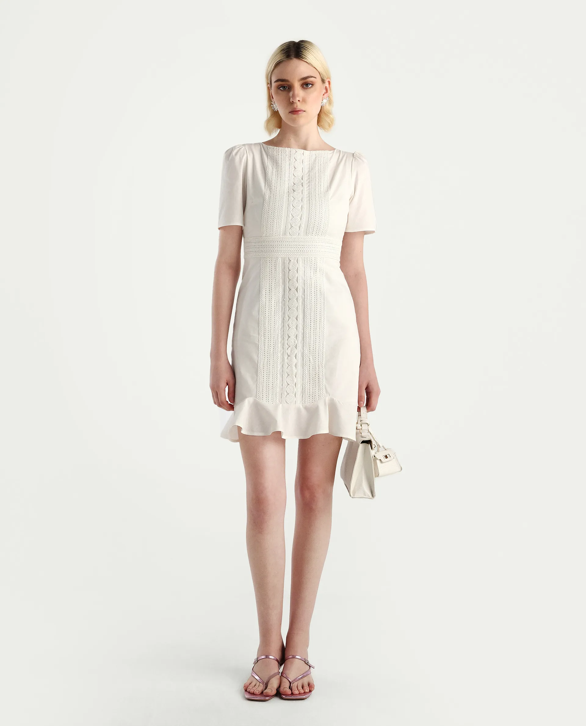 Rareism Women's Jubag Off White Cotton Blend Round Neck Fitted Plain Dress