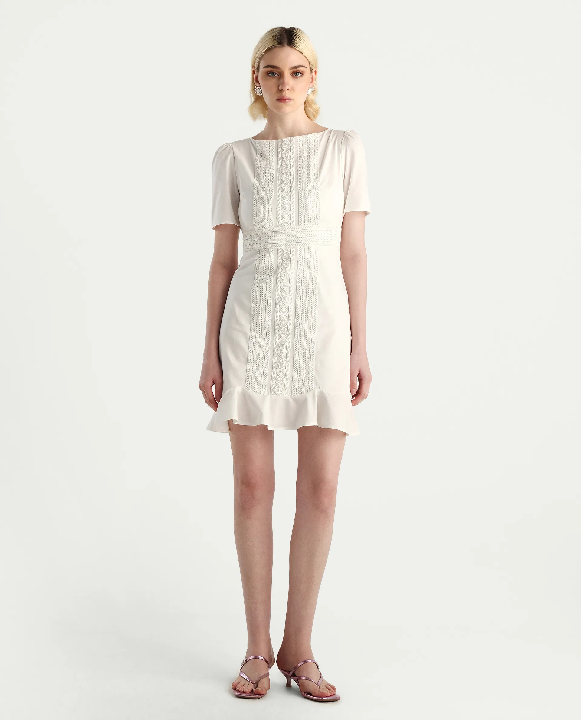 Rareism Women's Jubag Off White Cotton Blend Round Neck Fitted Plain Dress - Image 2