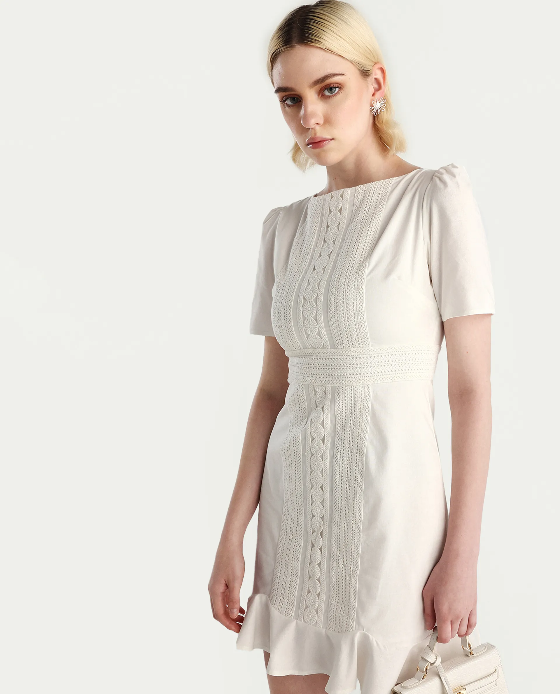Rareism Women's Jubag Off White Cotton Blend Round Neck Fitted Plain Dress - Image 3