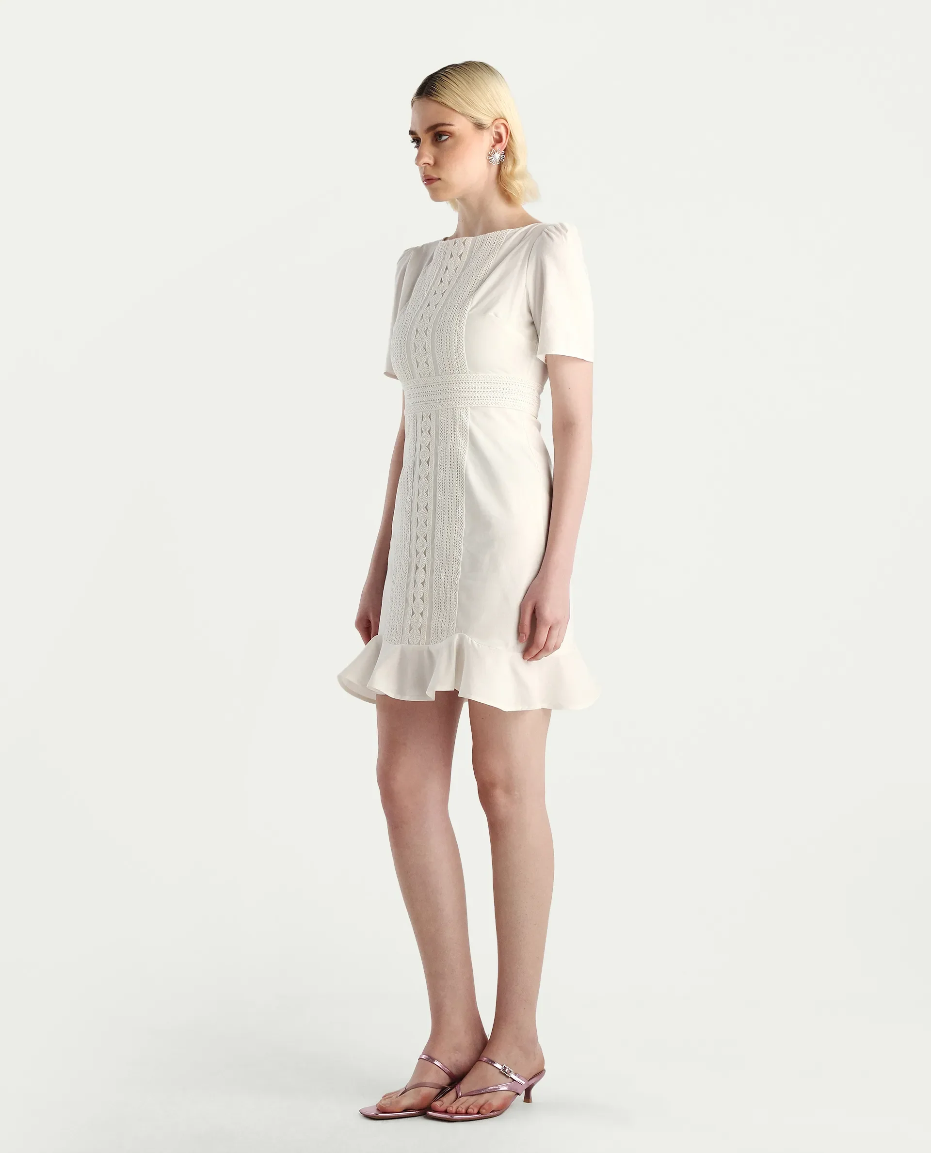 Rareism Women's Jubag Off White Cotton Blend Round Neck Fitted Plain Dress - Image 5