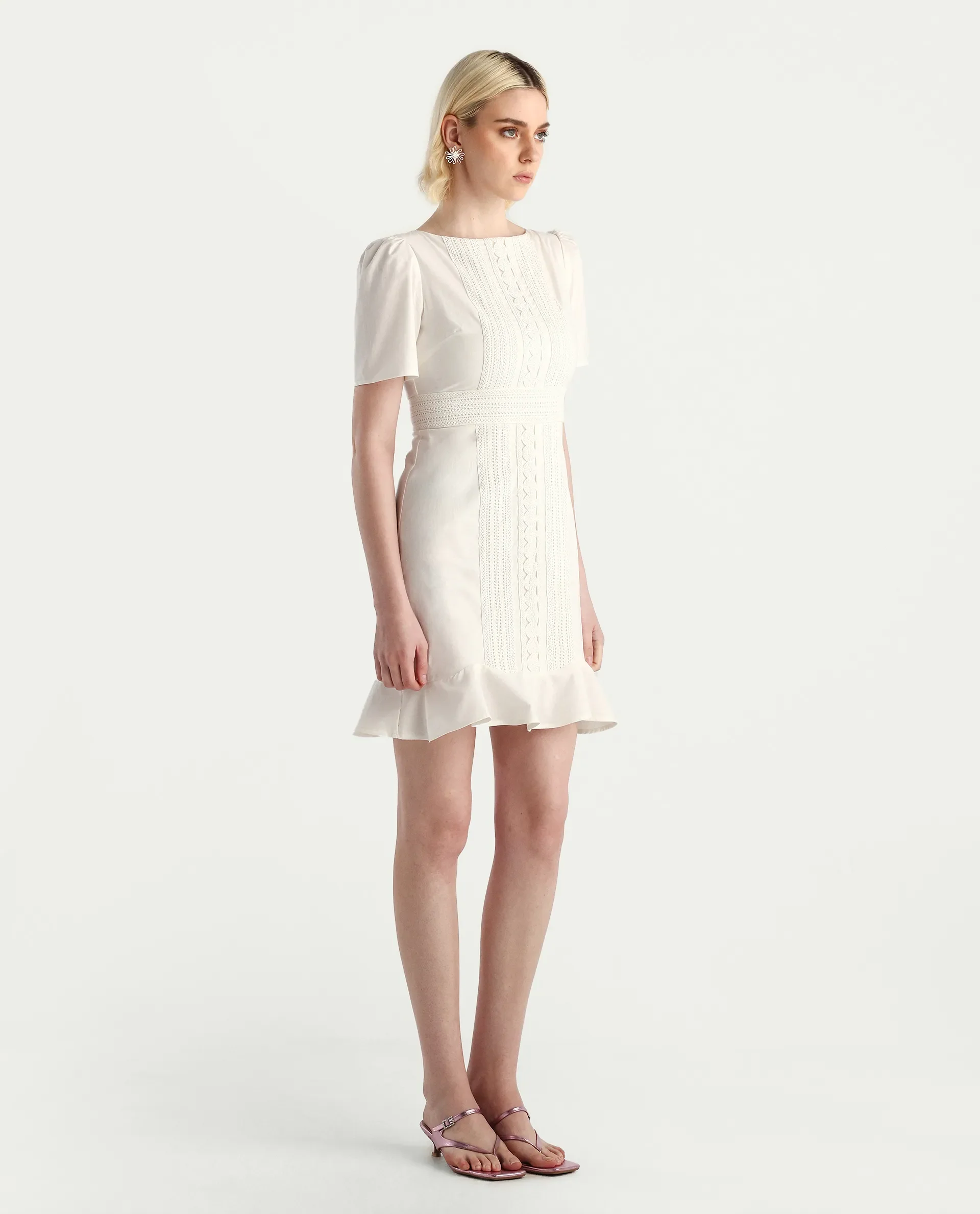 Rareism Women's Jubag Off White Cotton Blend Round Neck Fitted Plain Dress - Image 6