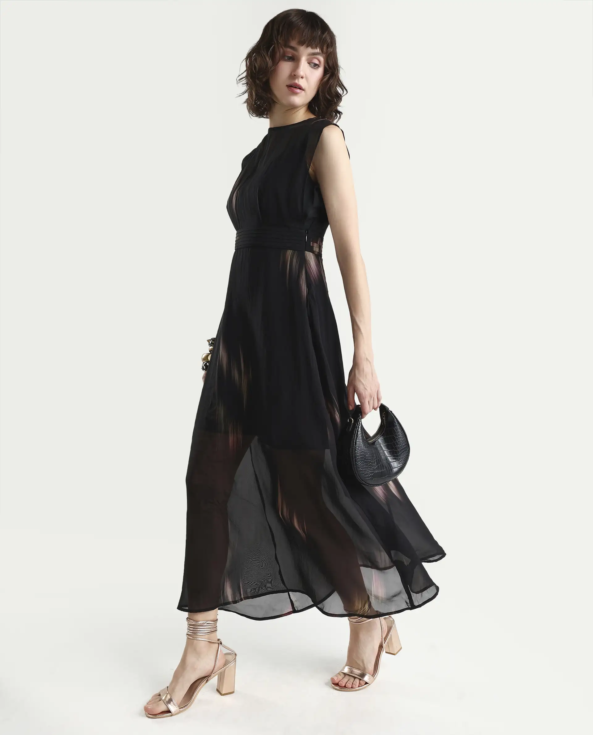 Rareism-Women's Jubin Black Viscose Printed Flared Dress - Image 2