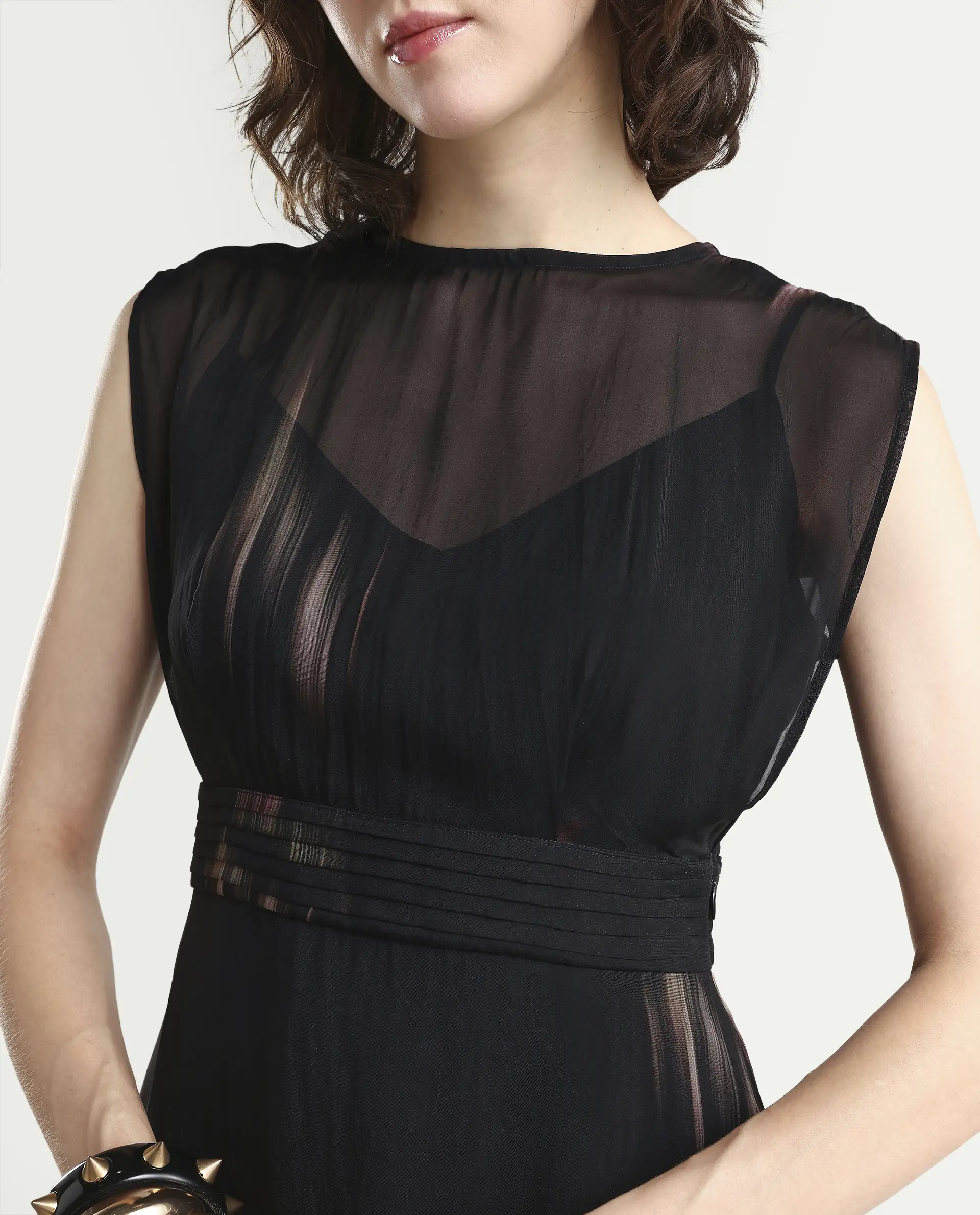 Rareism-Women's Jubin Black Viscose Printed Flared Dress - Image 4