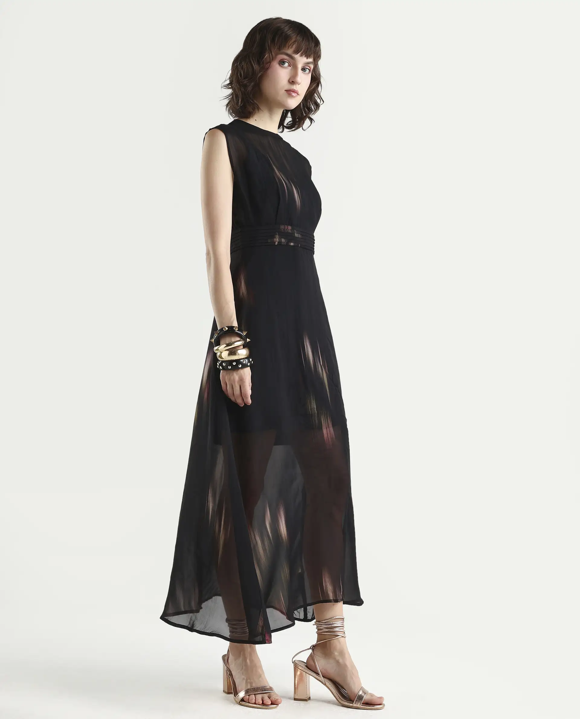 Rareism-Women's Jubin Black Viscose Printed Flared Dress - Image 5