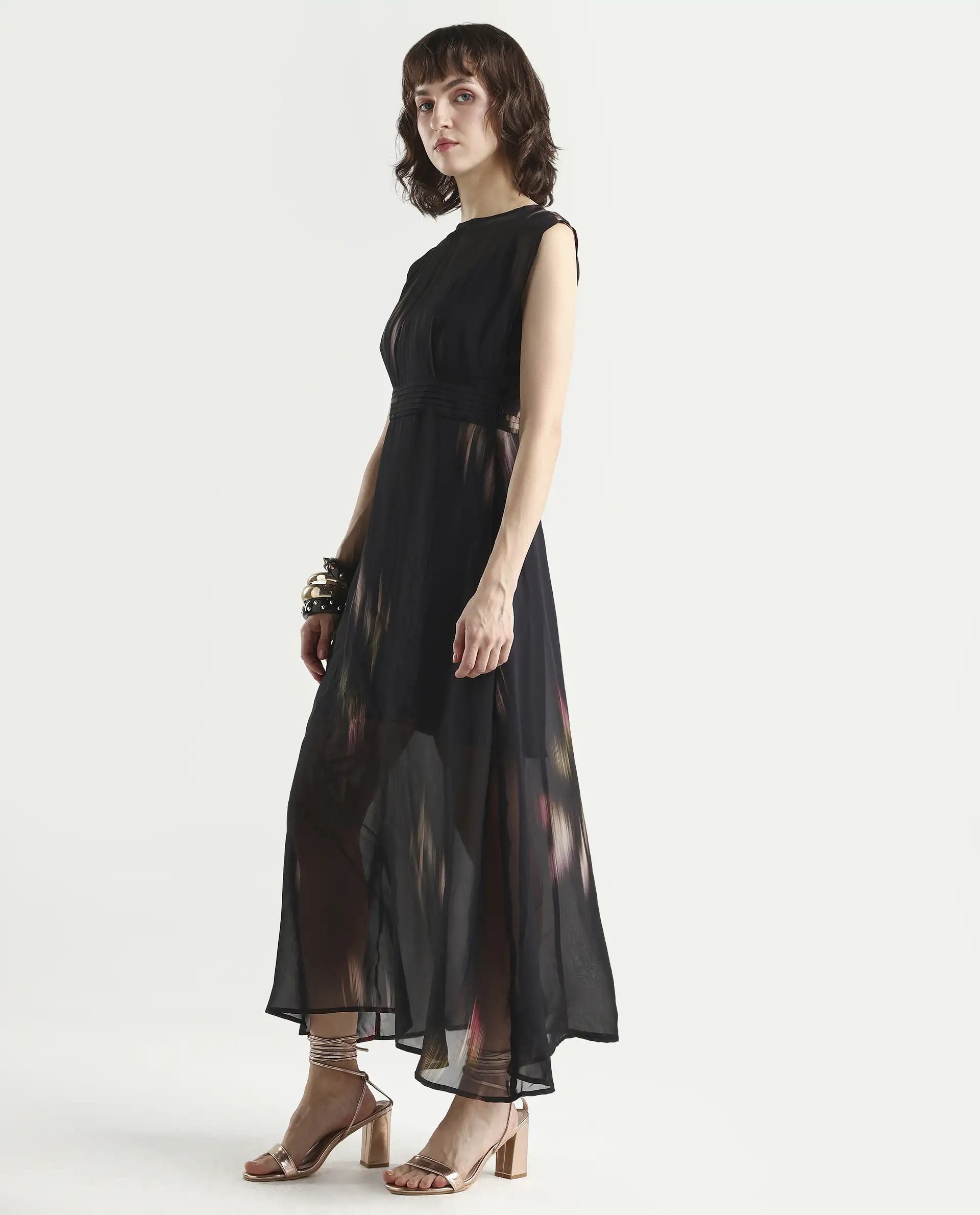 Rareism-Women's Jubin Black Viscose Printed Flared Dress - Image 6