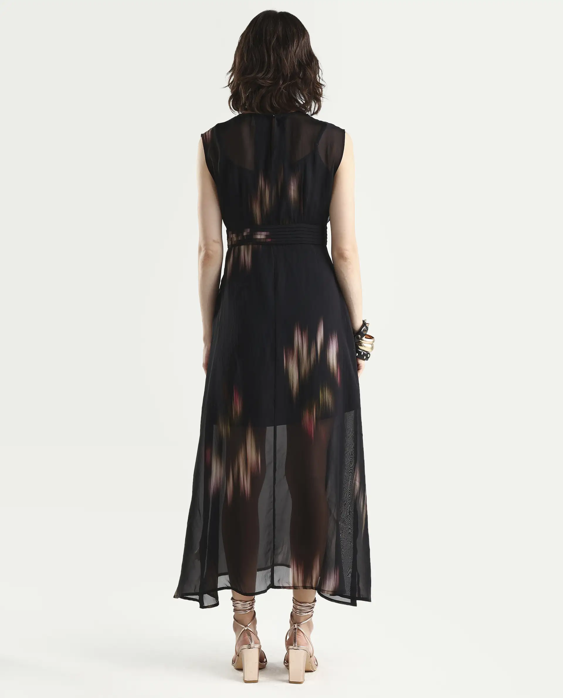Rareism-Women's Jubin Black Viscose Printed Flared Dress - Image 7