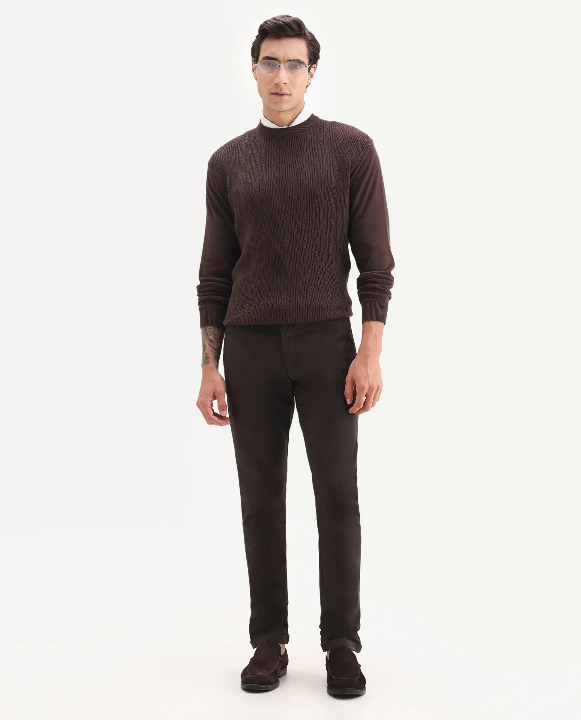 Rare Rabbit Men's Jude Brown Cotton Plain Slim Fit Trouser