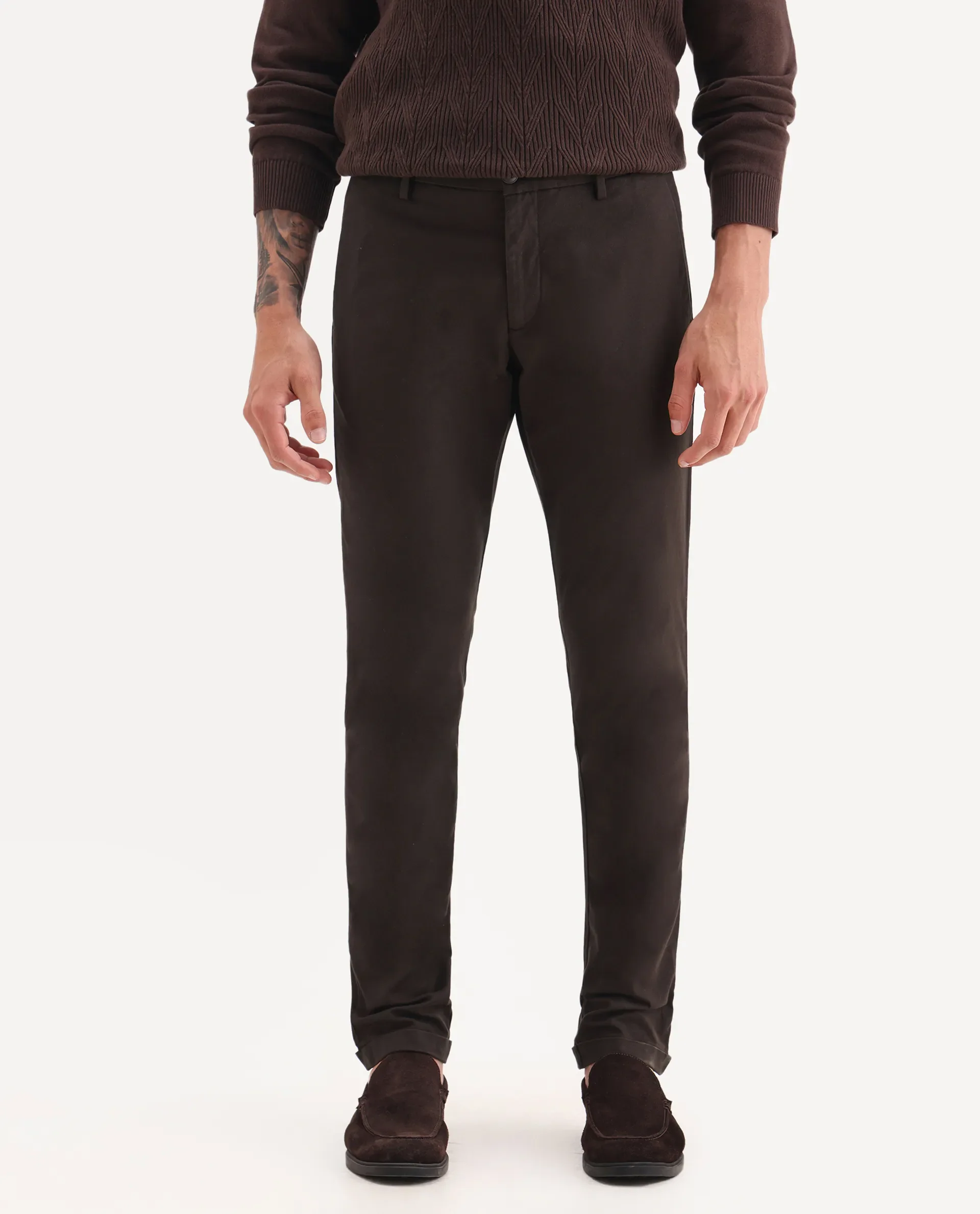 Rare Rabbit Men's Jude Brown Cotton Plain Slim Fit Trouser - Image 2