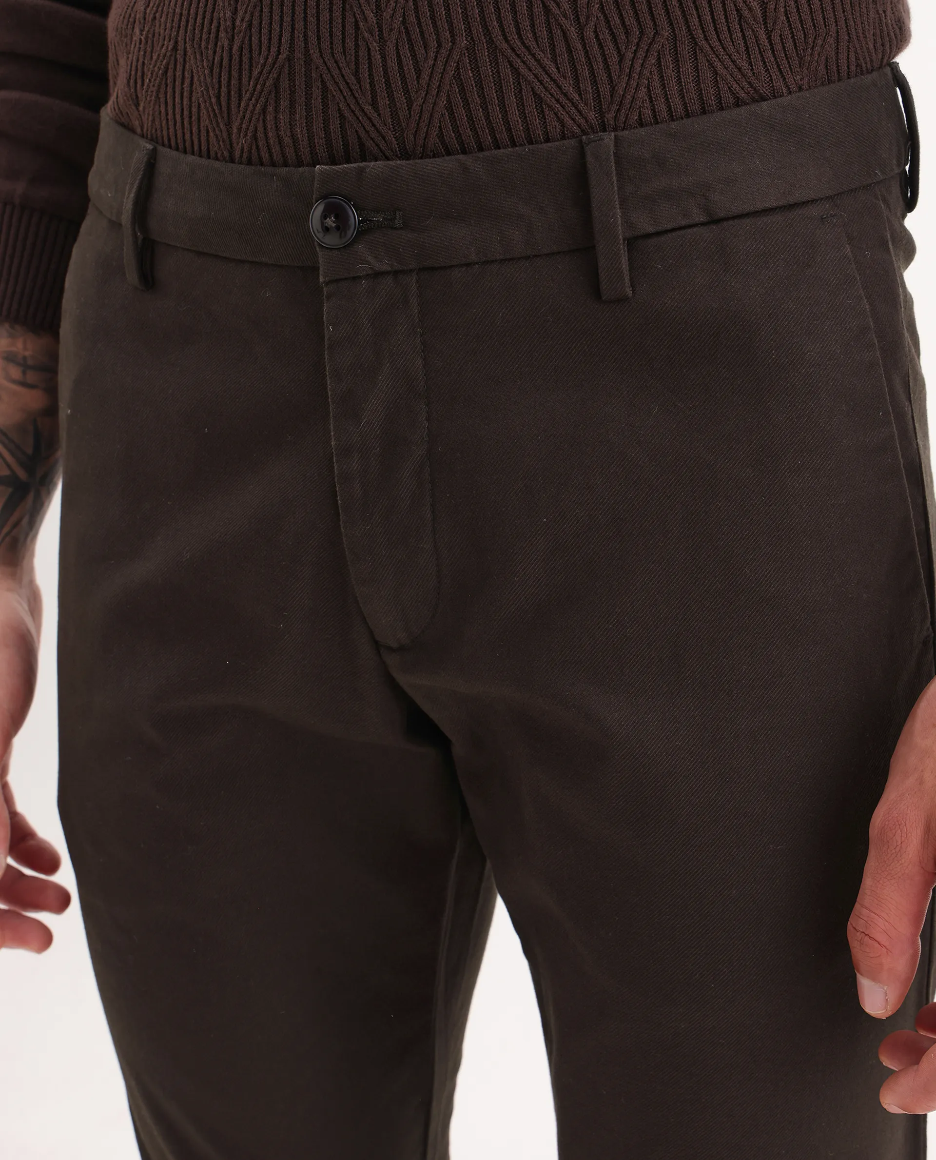 Rare Rabbit Men's Jude Brown Cotton Plain Slim Fit Trouser - Image 3