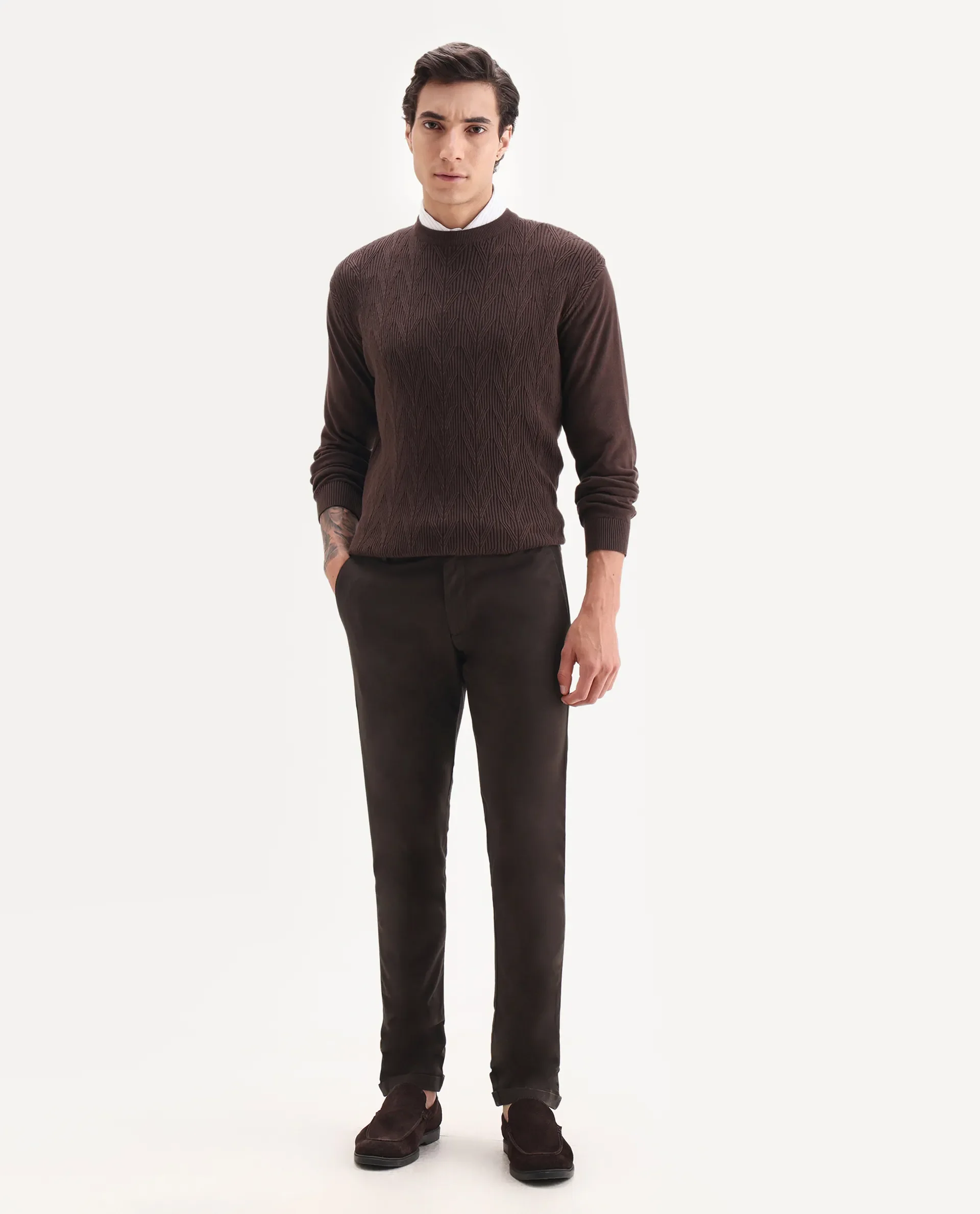 Rare Rabbit Men's Jude Brown Cotton Plain Slim Fit Trouser - Image 5