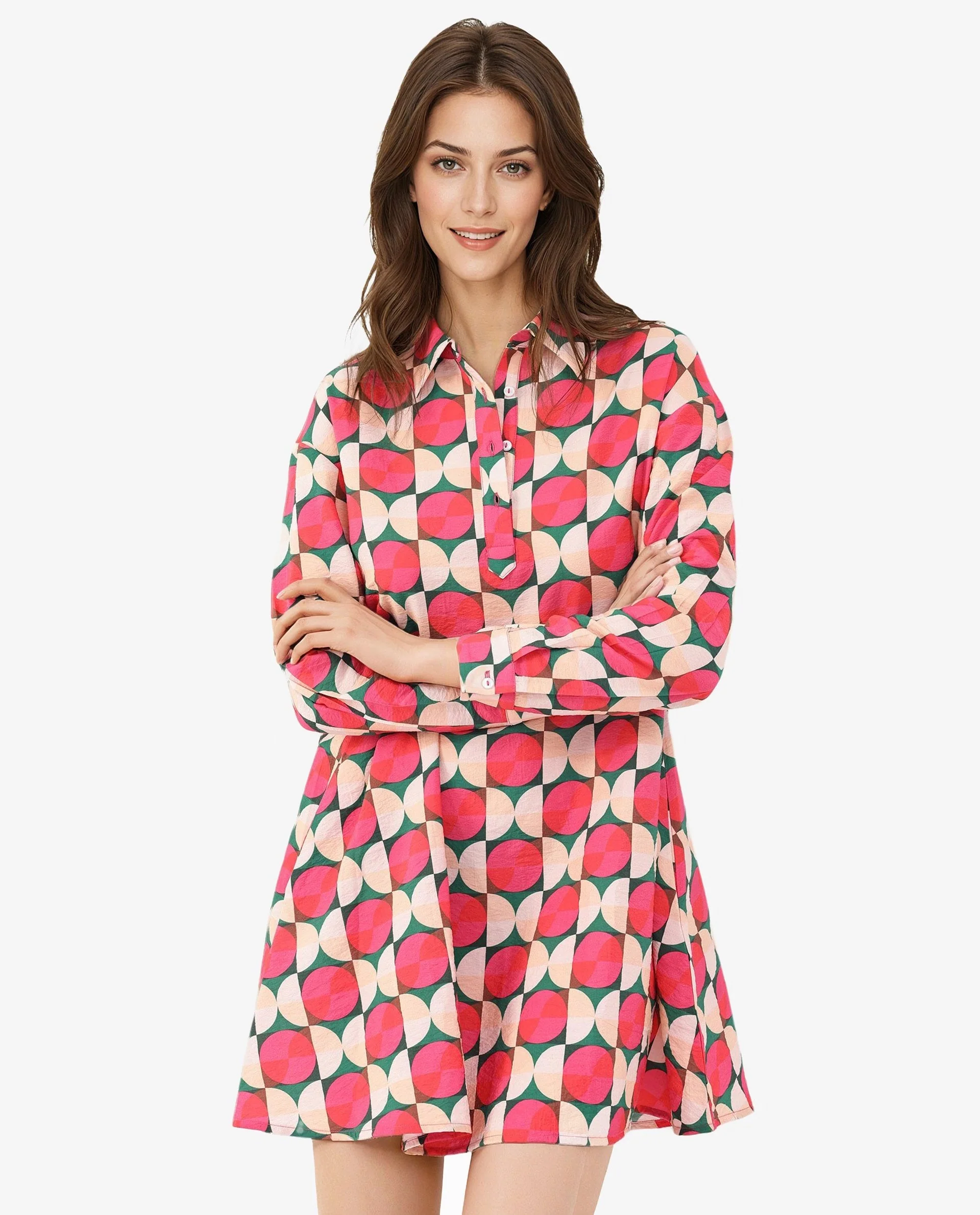 Rareism Women's Judeth Multi Drop Collar Geometric Print Cuffed Sleeve Mini A-Line Dress