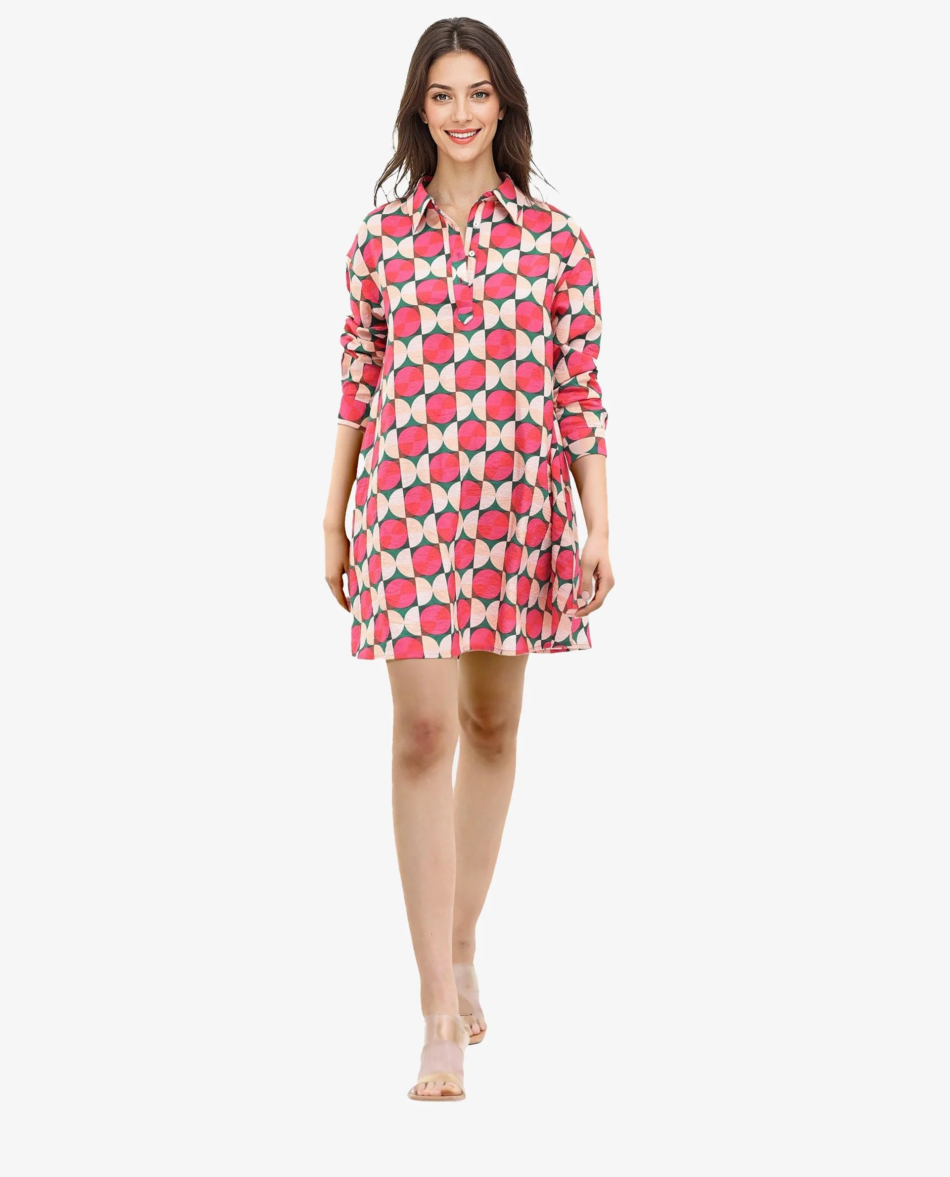 Rareism Women's Judeth Multi Drop Collar Geometric Print Cuffed Sleeve Mini A-Line Dress - Image 2