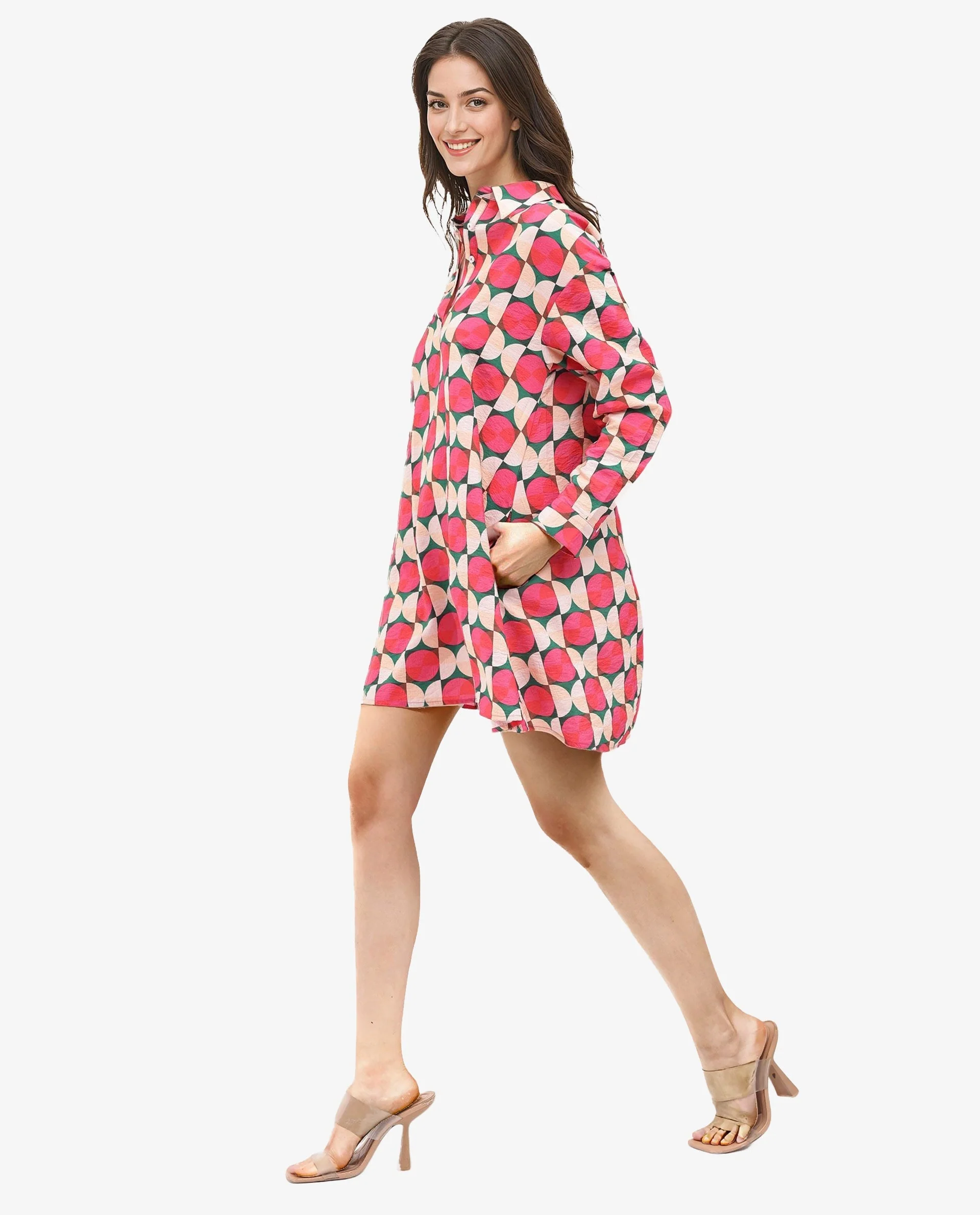 Rareism Women's Judeth Multi Drop Collar Geometric Print Cuffed Sleeve Mini A-Line Dress - Image 5