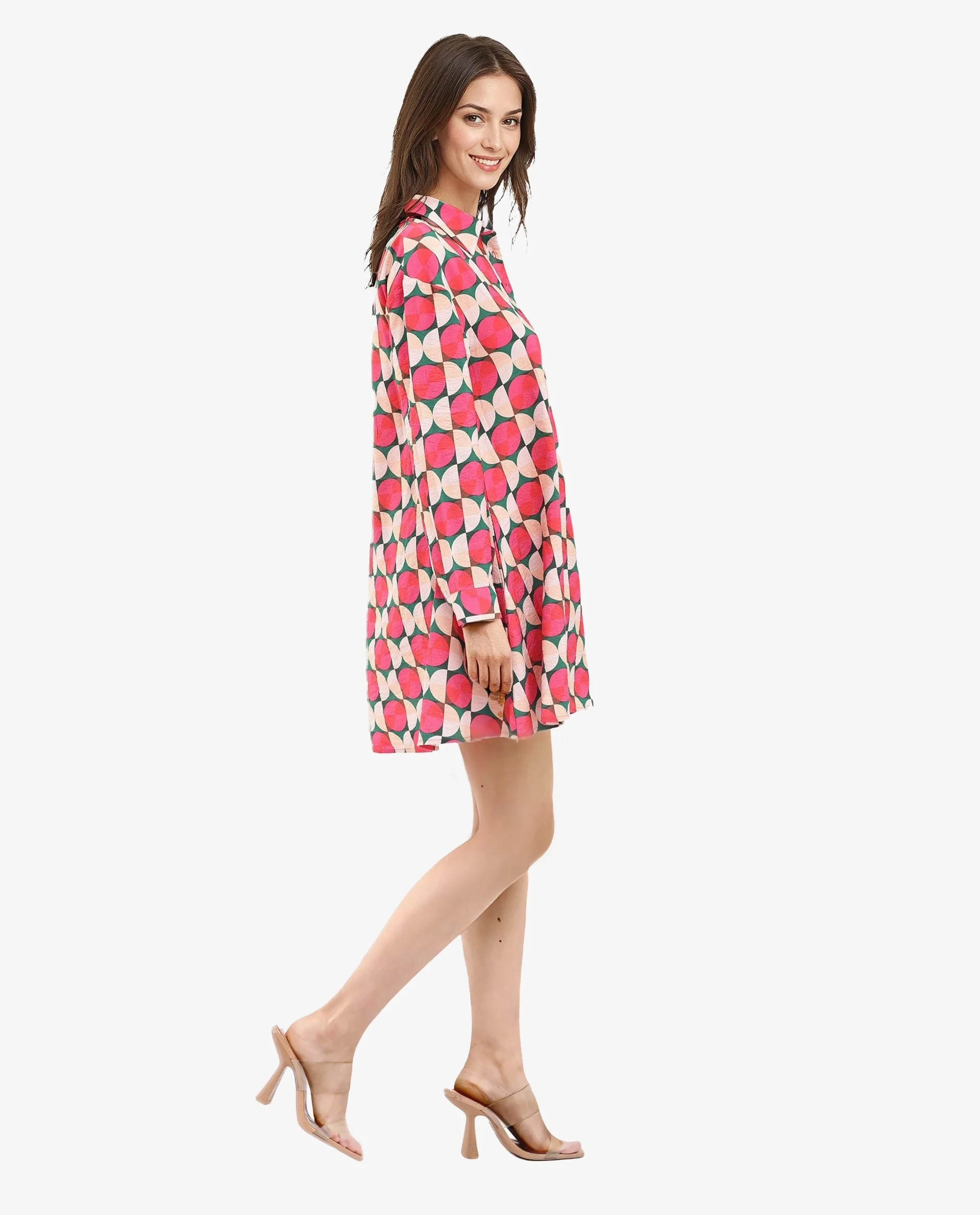 Rareism Women's Judeth Multi Drop Collar Geometric Print Cuffed Sleeve Mini A-Line Dress - Image 6