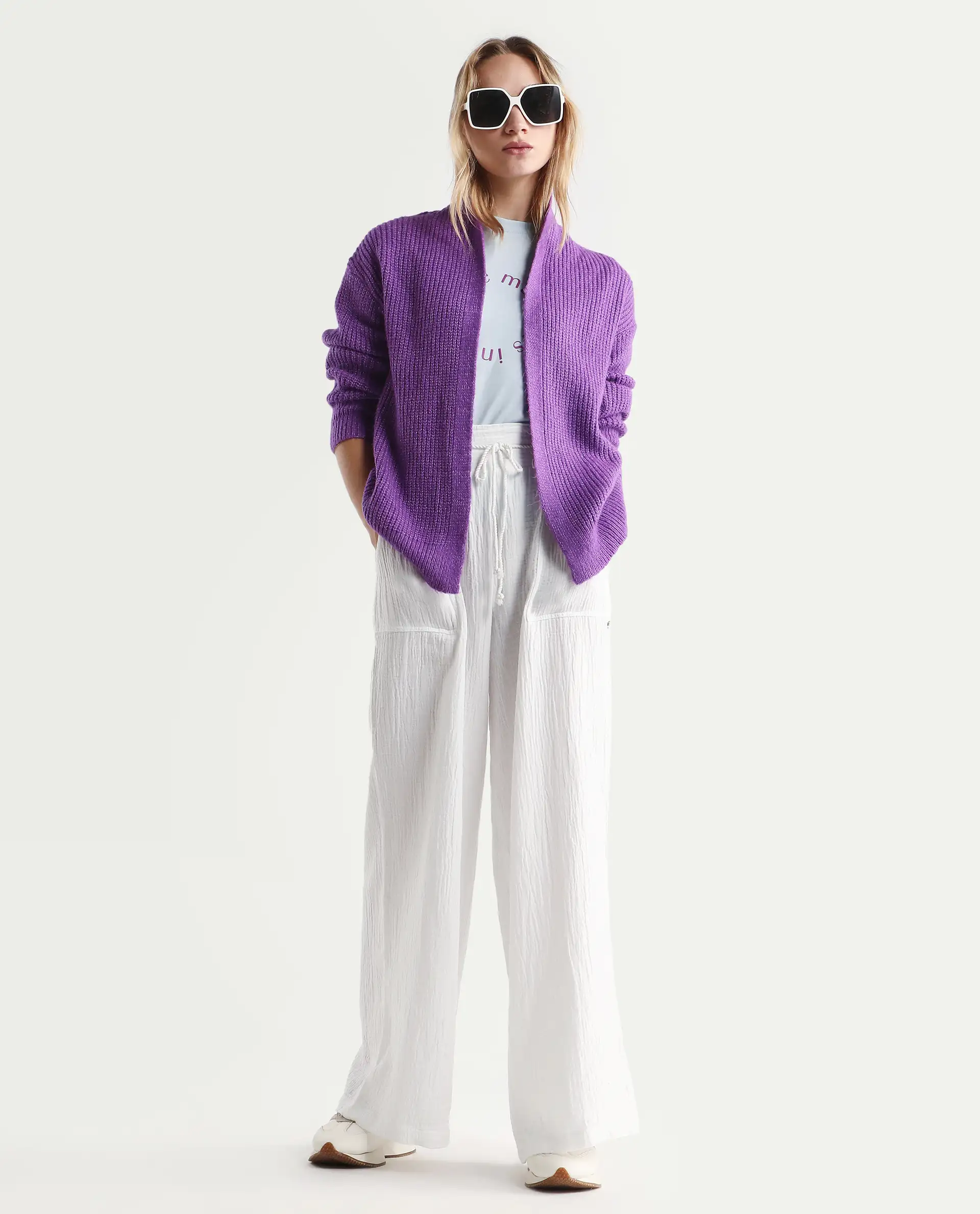 Rareism Women's Jug Purple Acrylic Collarless Plain Mini Relaxed Fit Shrug - Image 2