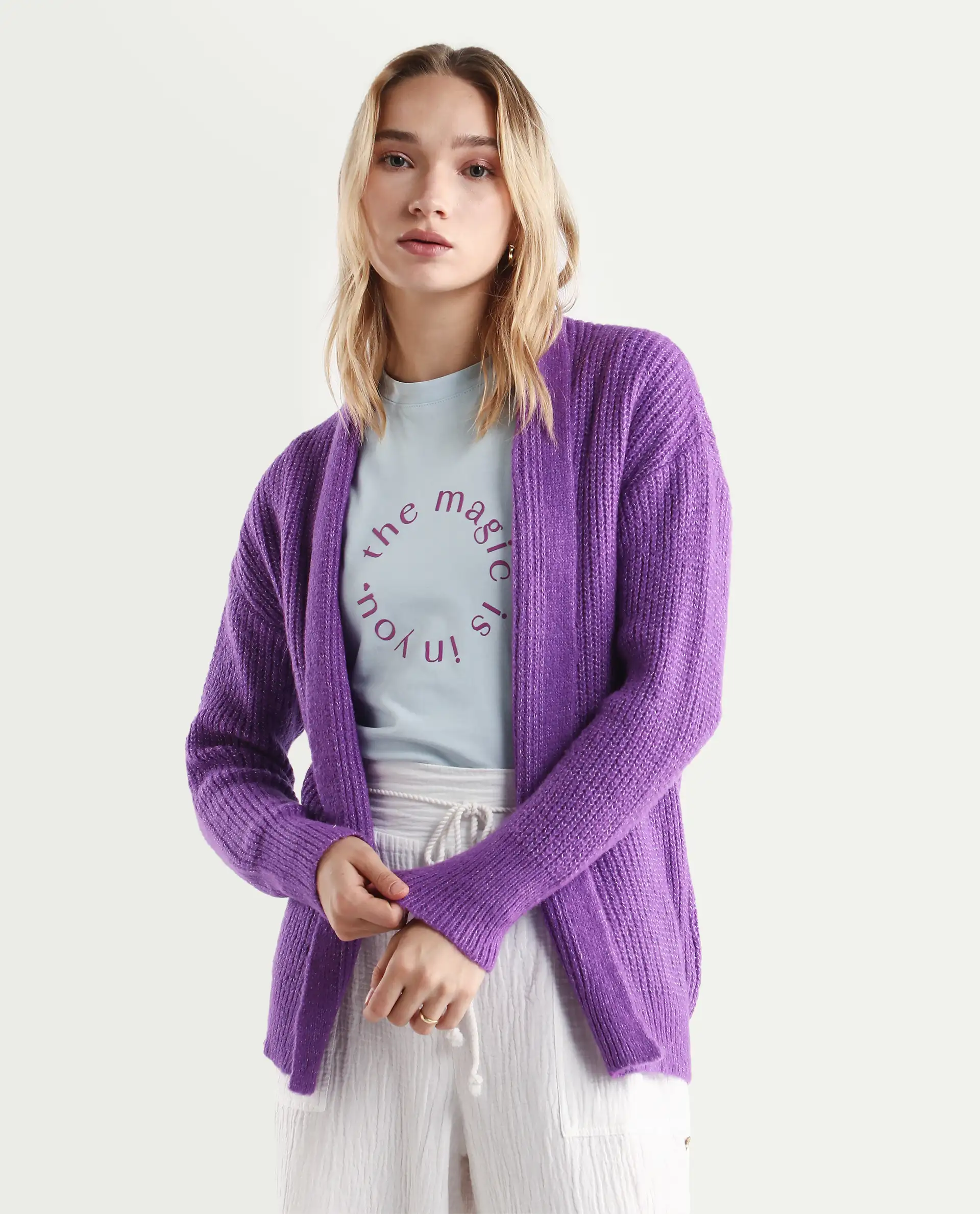 Rareism Women's Jug Purple Acrylic Collarless Plain Mini Relaxed Fit Shrug - Image 3