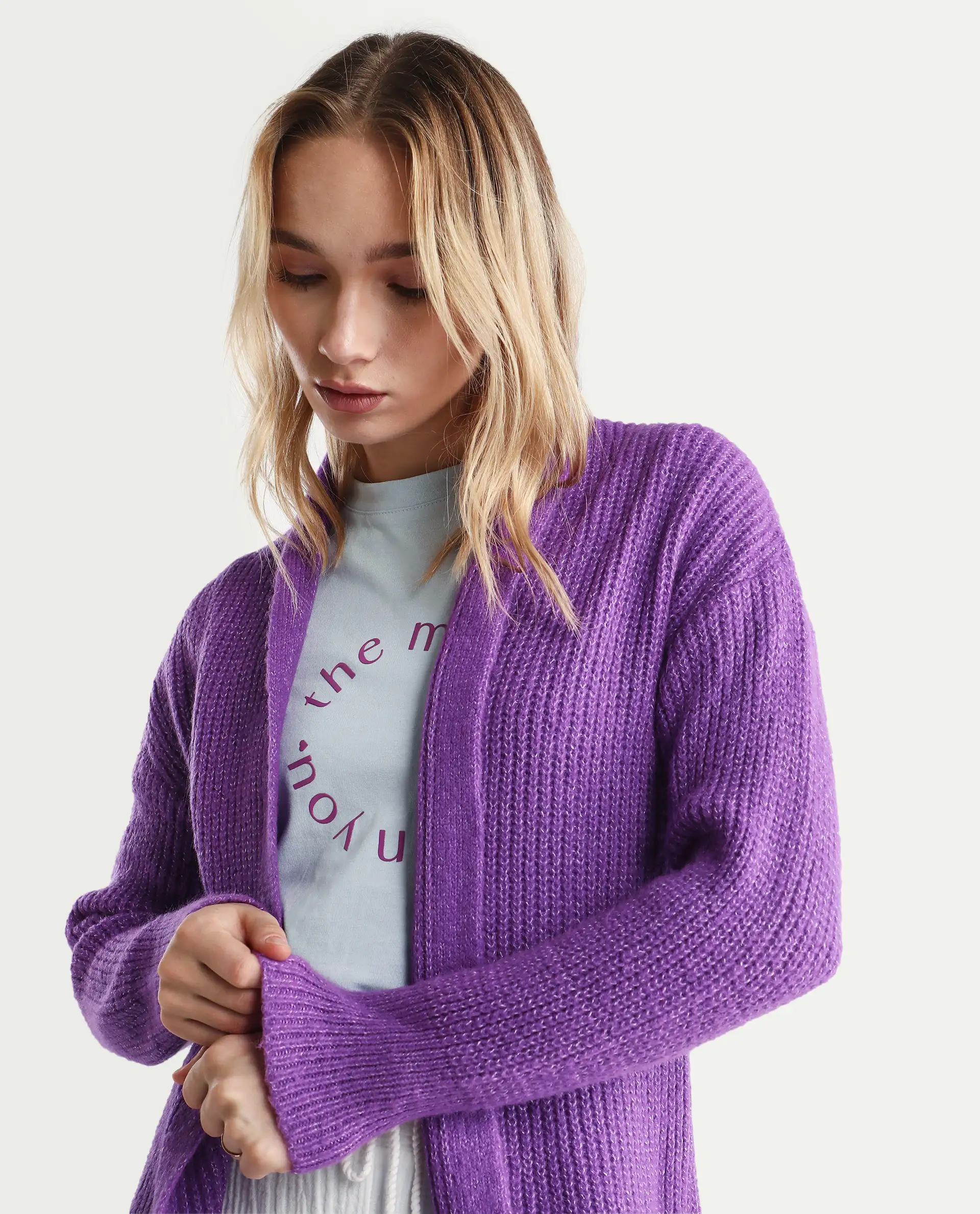 Rareism Women's Jug Purple Acrylic Collarless Plain Mini Relaxed Fit Shrug - Image 4
