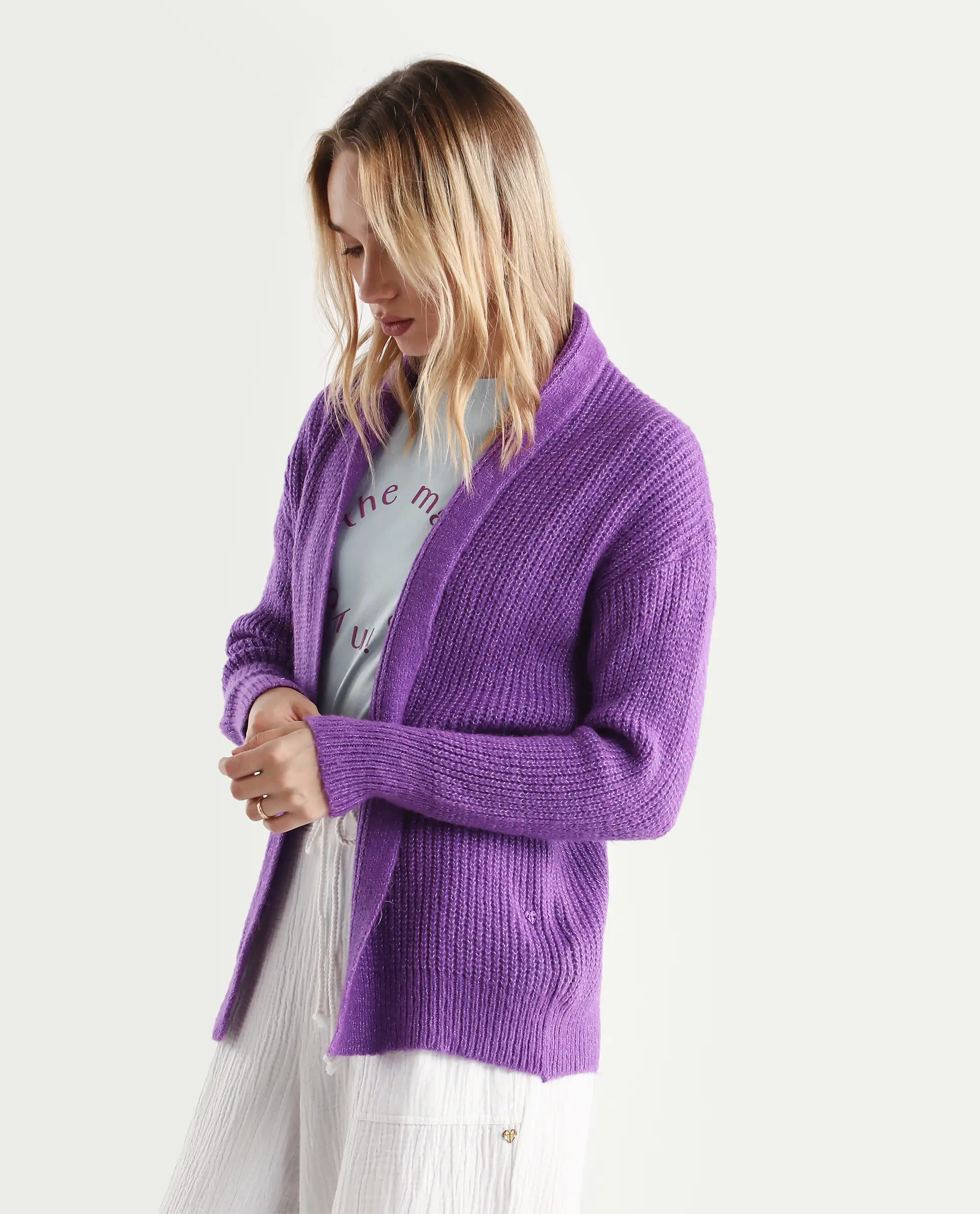 Rareism Women's Jug Purple Acrylic Collarless Plain Mini Relaxed Fit Shrug - Image 5