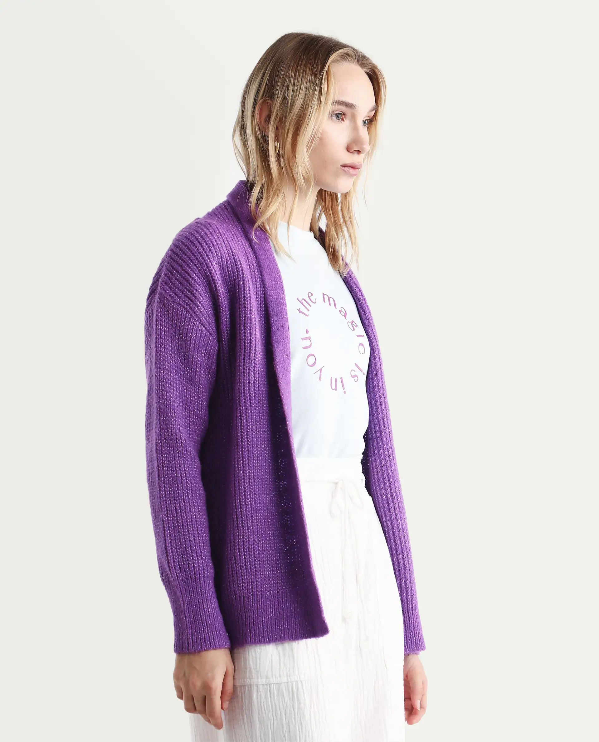 Rareism Women's Jug Purple Acrylic Collarless Plain Mini Relaxed Fit Shrug - Image 6