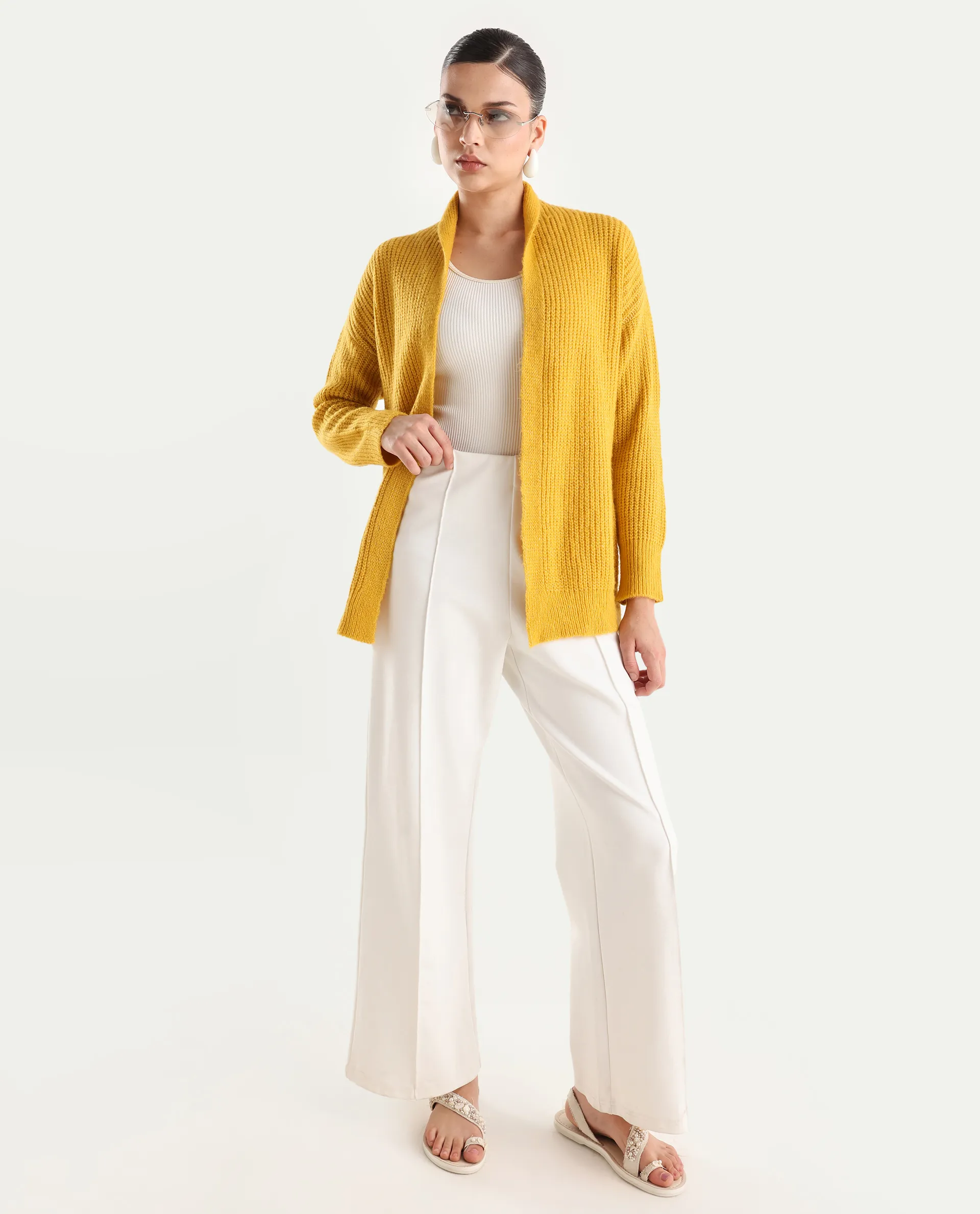 Rareism Women's Jug Yellow Acrylic Collarless Plain Mini Relaxed Fit Shrug - Image 2