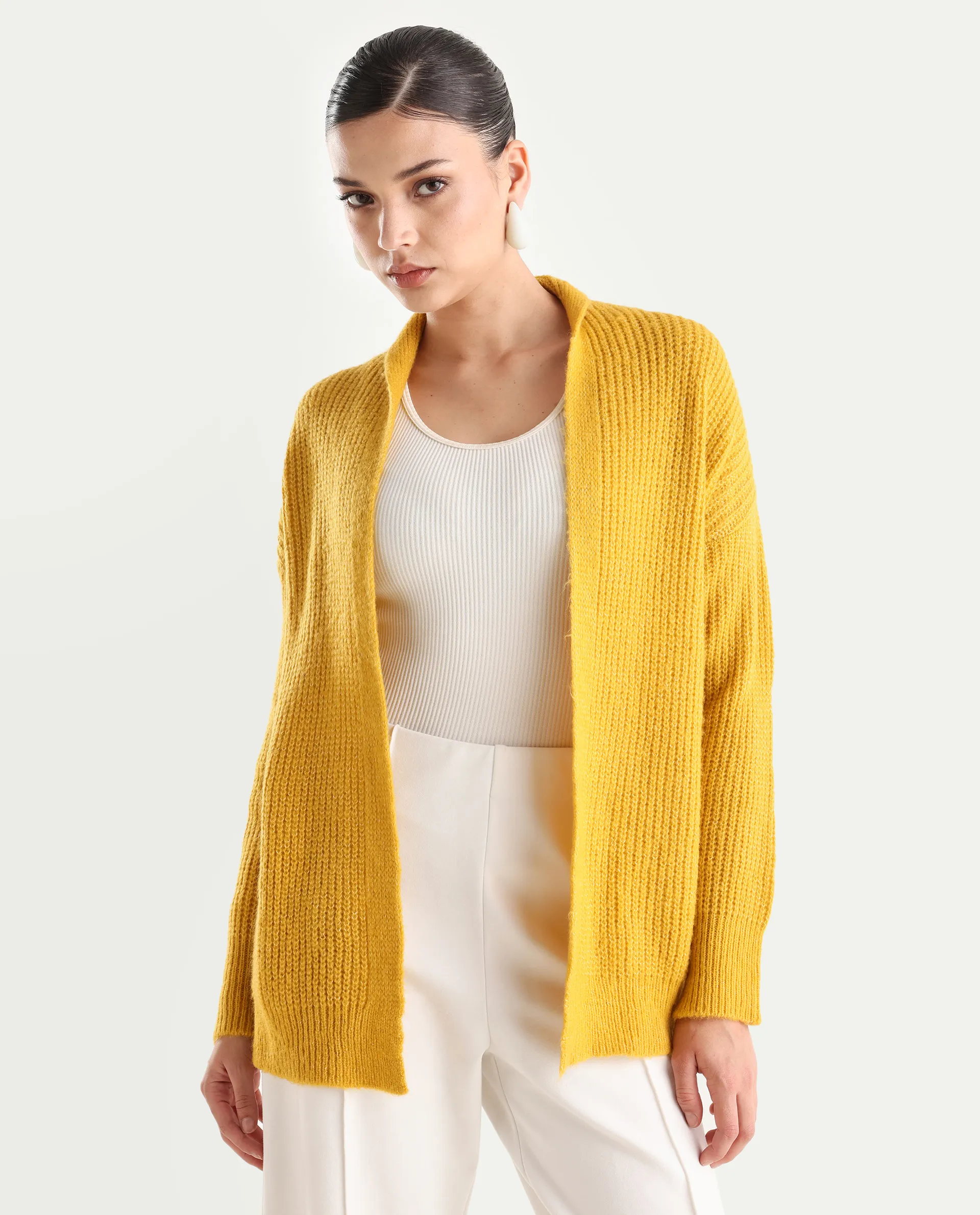 Rareism Women's Jug Yellow Acrylic Collarless Plain Mini Relaxed Fit Shrug - Image 3