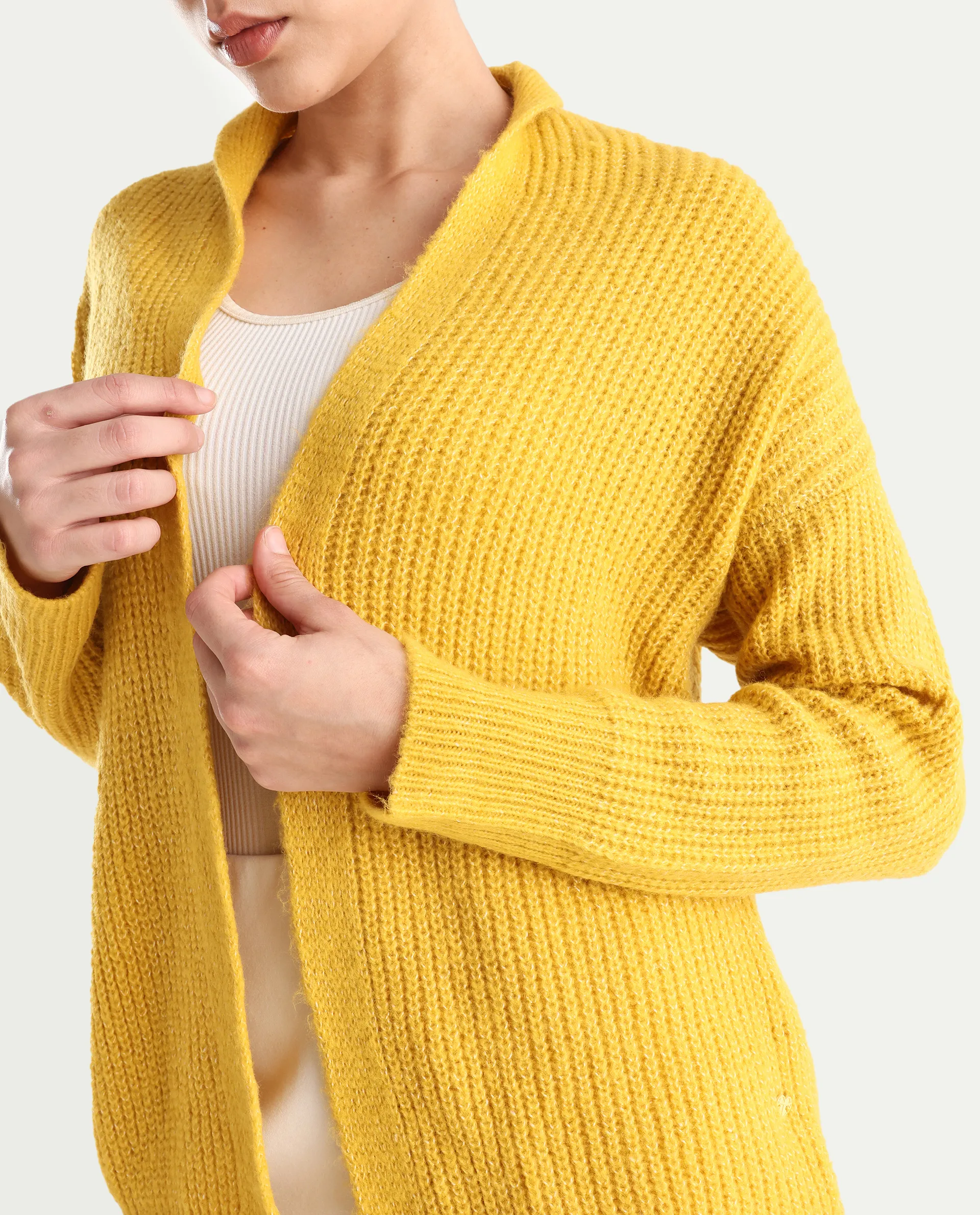 Rareism Women's Jug Yellow Acrylic Collarless Plain Mini Relaxed Fit Shrug - Image 4