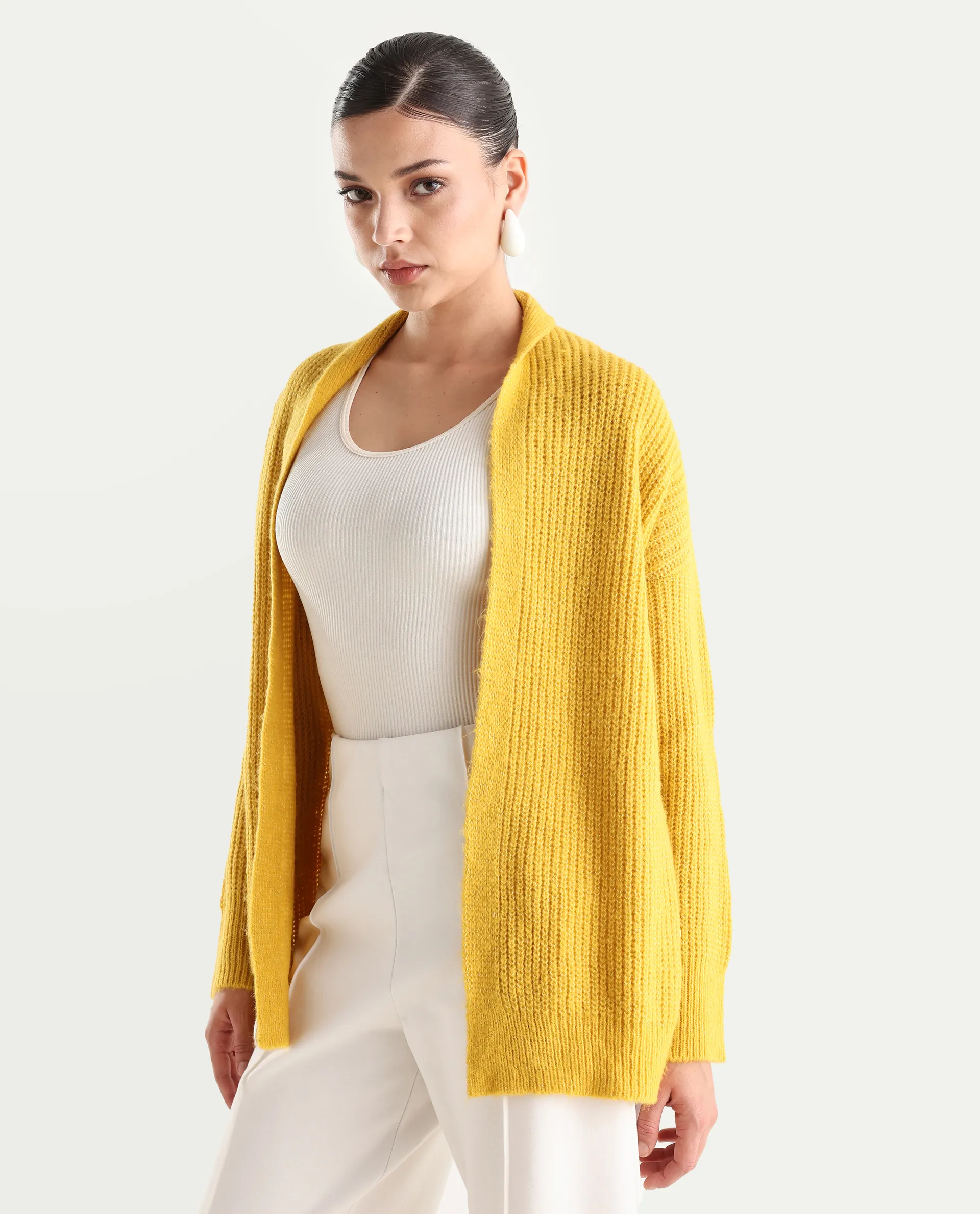 Rareism Women's Jug Yellow Acrylic Collarless Plain Mini Relaxed Fit Shrug - Image 5