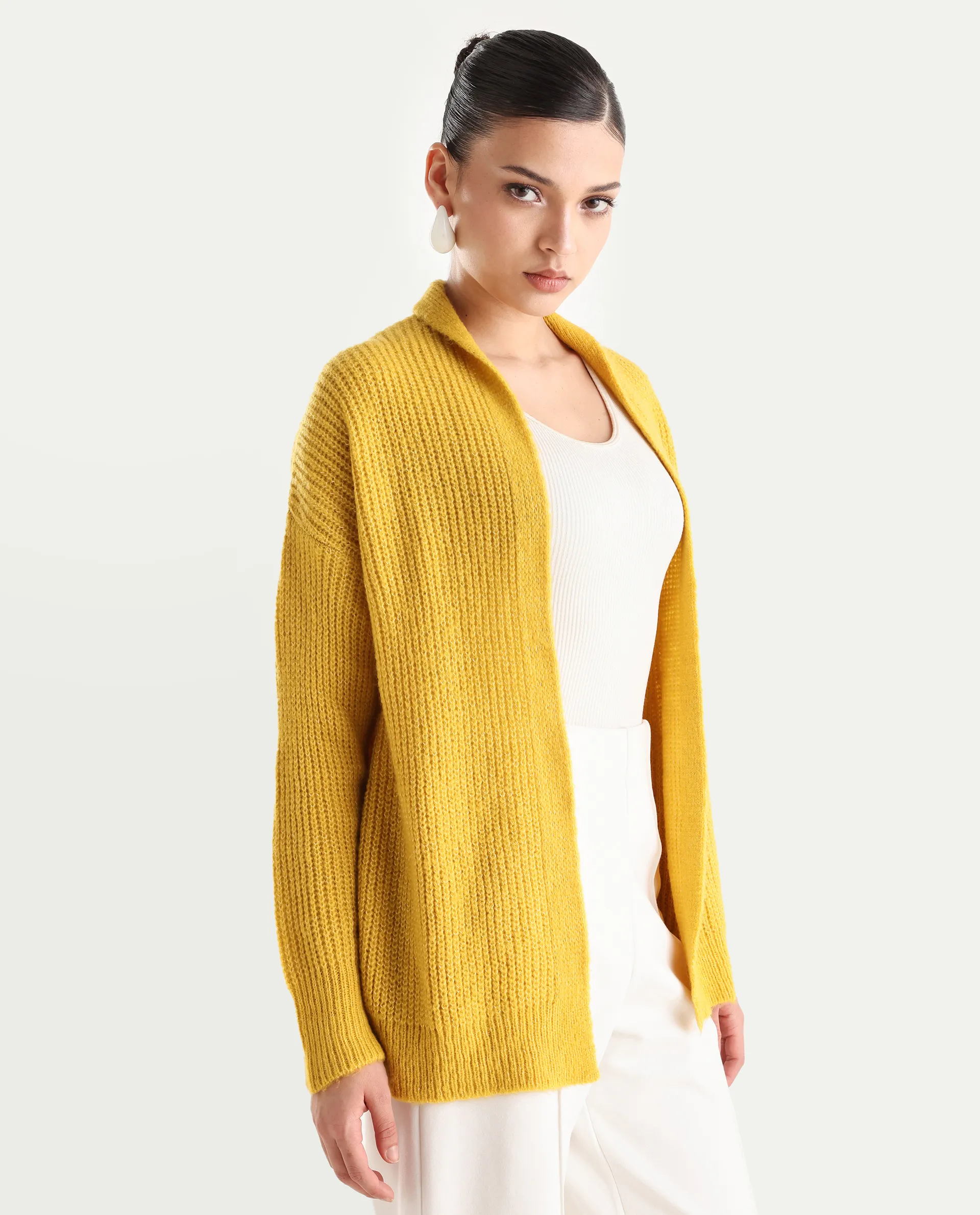 Rareism Women's Jug Yellow Acrylic Collarless Plain Mini Relaxed Fit Shrug - Image 6