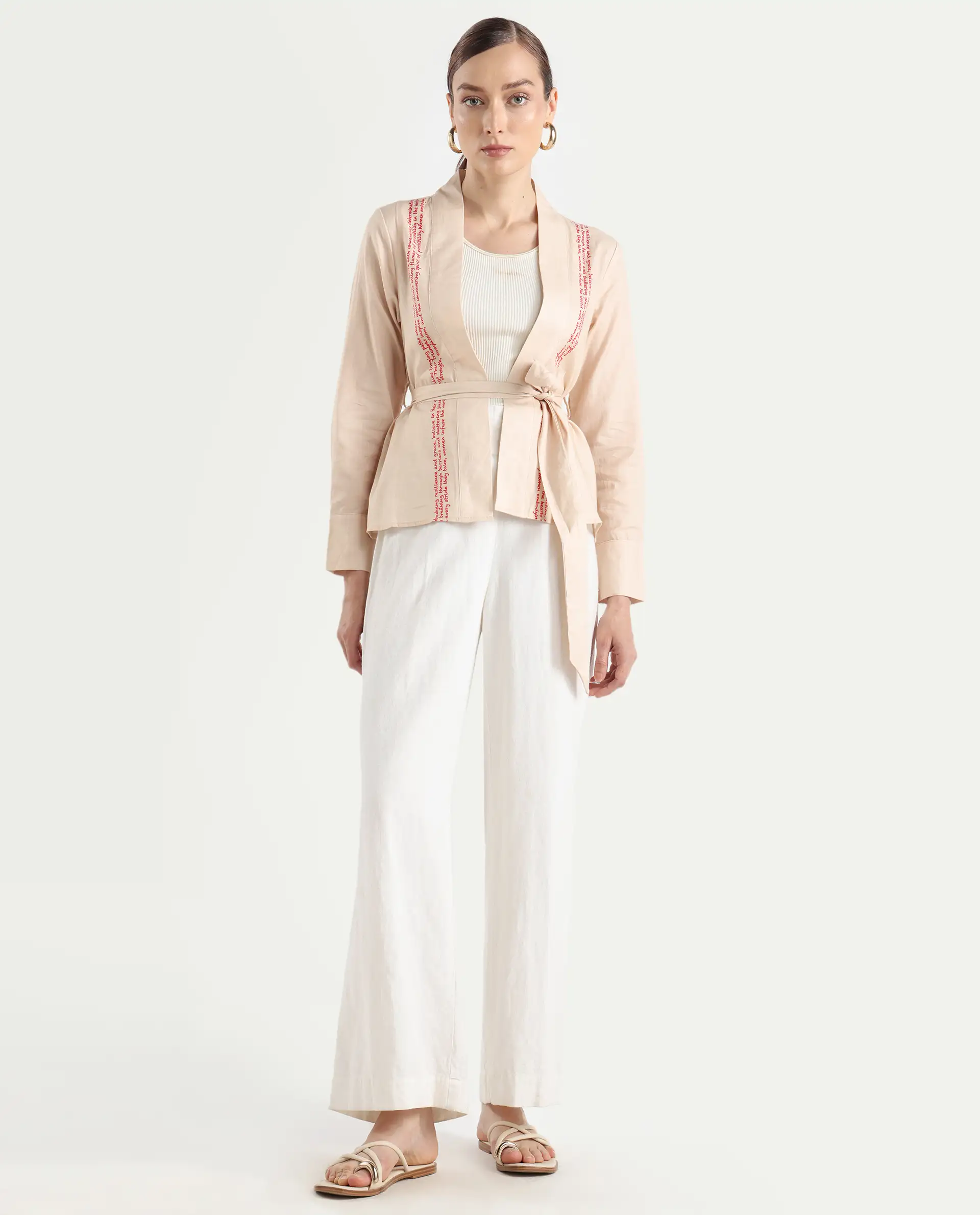 Rareism Women's Juinb Beige Cotton Shawl Collar Typography Print Cuffed Sleeve Regular Fit Top - Image 2